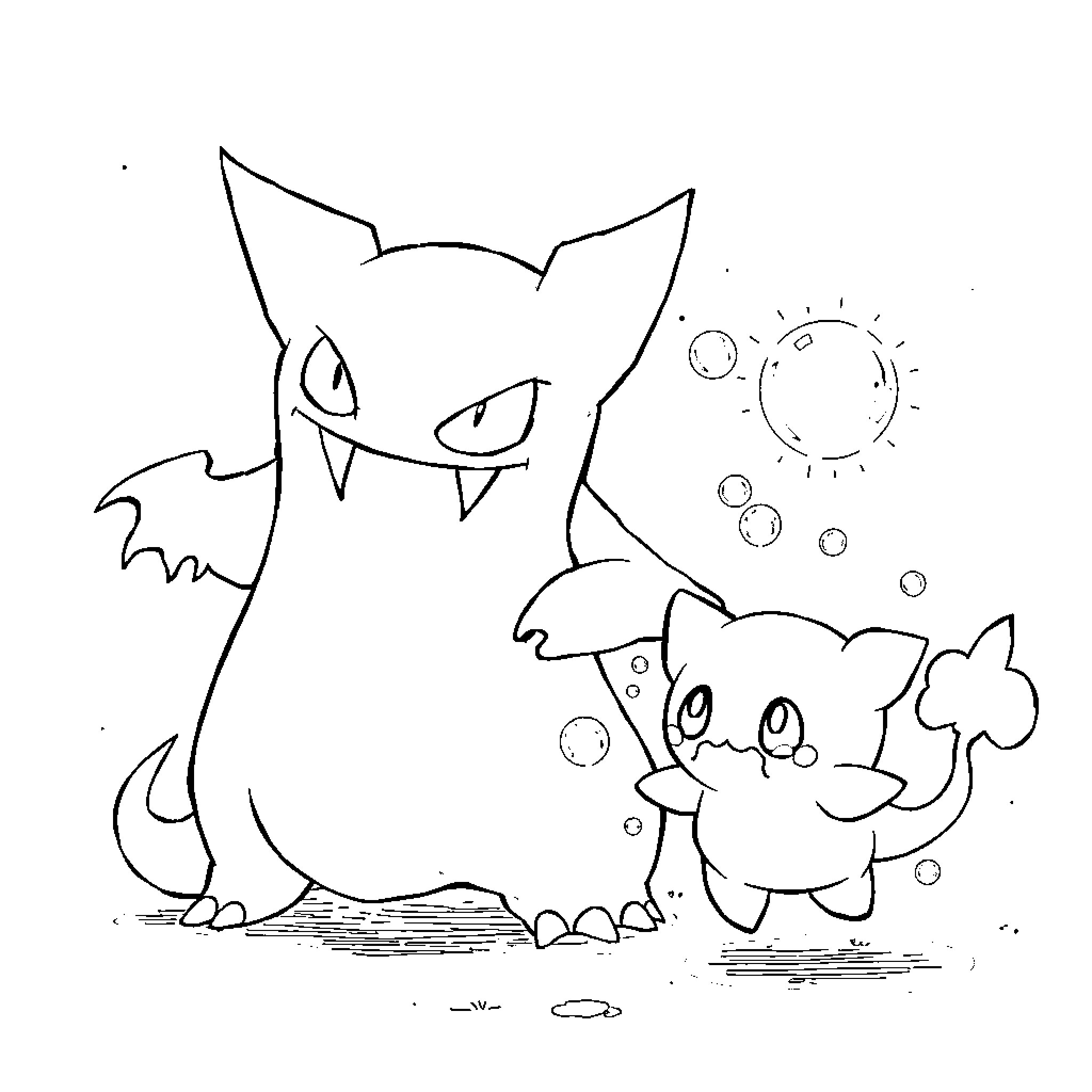 Gengar and Cleffa playing in the field Coloring Page (free black-and-white line drawing printable PDF for all, from beginners to advanced learners, including children, teens, adults, and seniors)