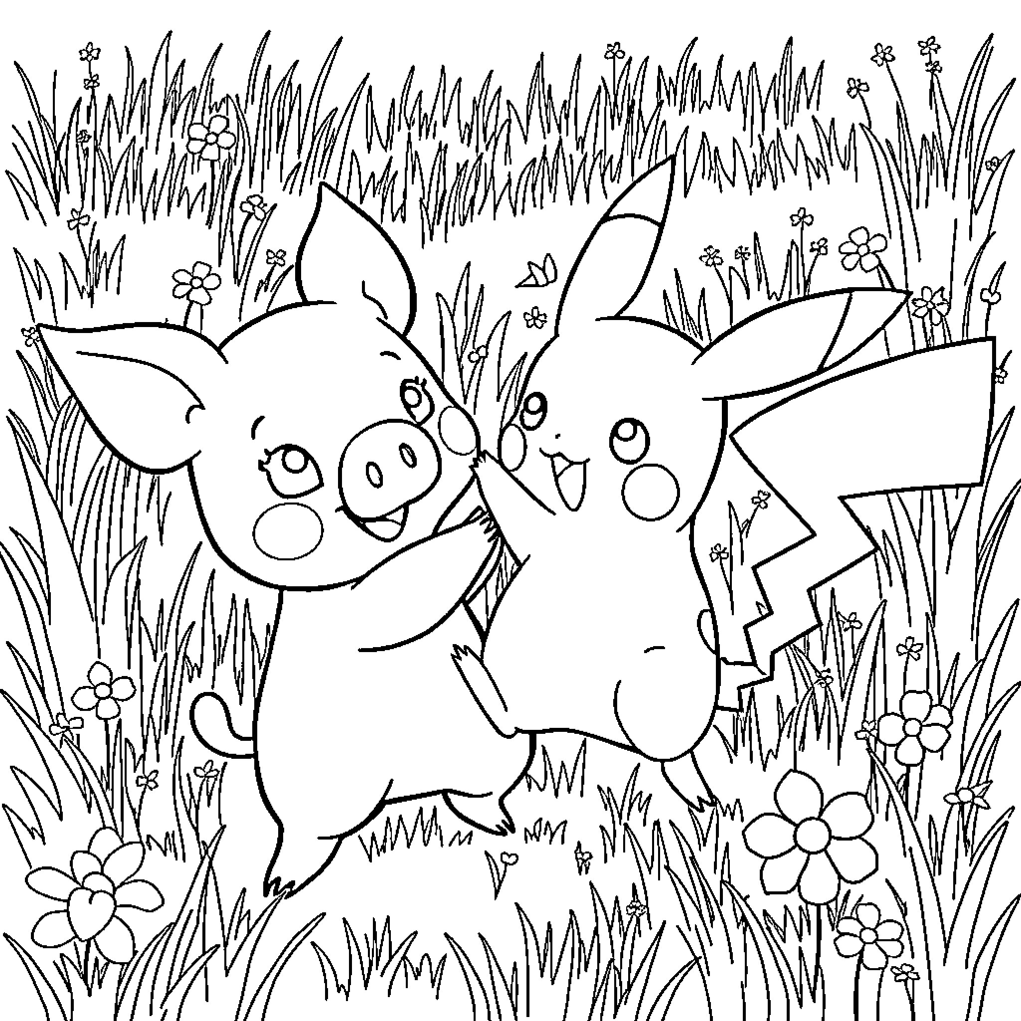 Pepa's Playful Pals in the Meadow Coloring Page (free black-and-white line drawing printable PDF for all, from beginners to advanced learners, including children, teens, adults, and seniors)