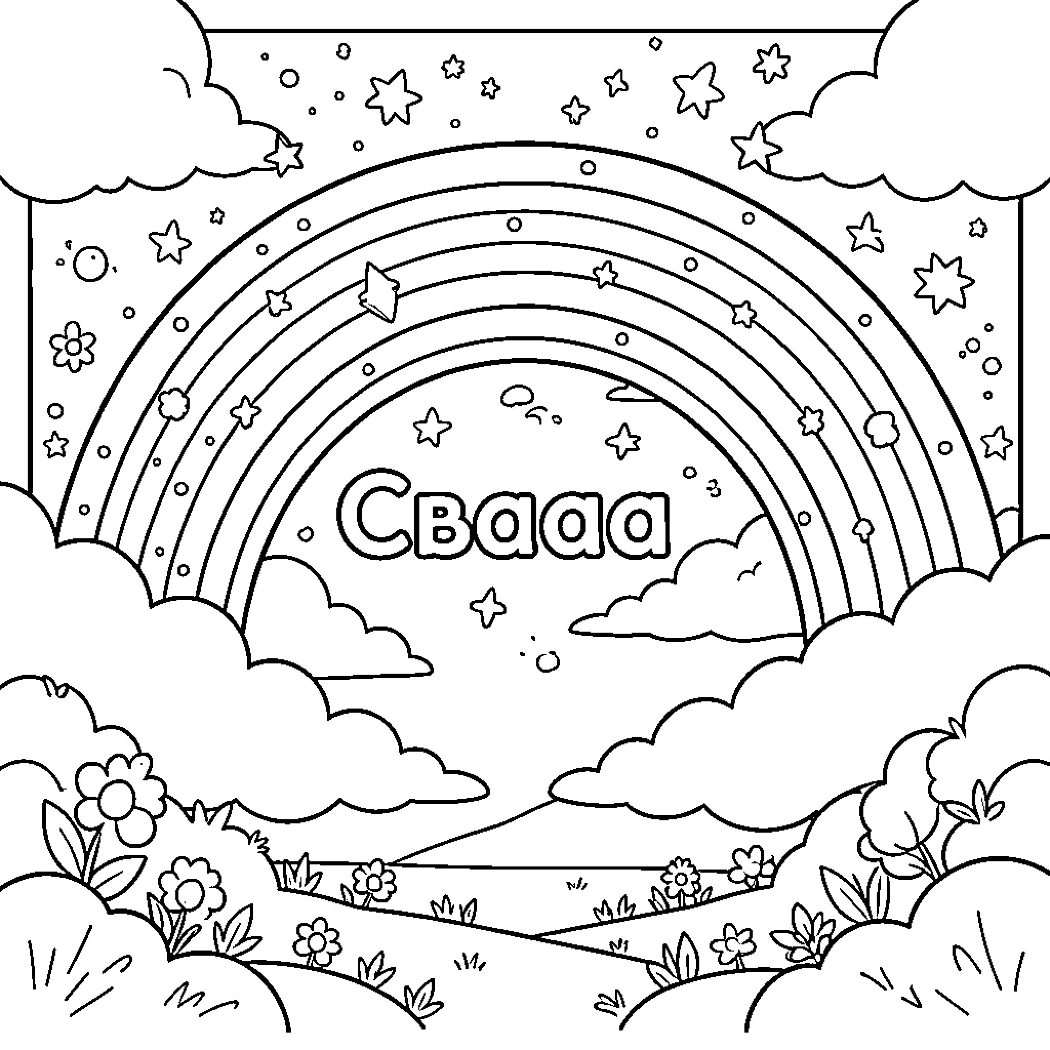 Svaa Colorful Landscape with Rainbow and Stars Coloring Page (free black-and-white line drawing printable PDF for all, from beginners to advanced learners, including children, teens, adults, and seniors)
