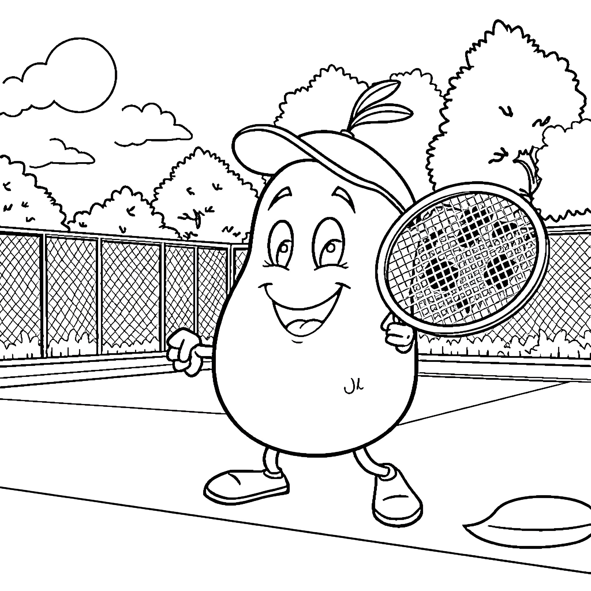 Potato playing tennis happily on the court Coloring Page (free black-and-white line drawing printable PDF for all, from beginners to advanced learners, including children, teens, adults, and seniors)