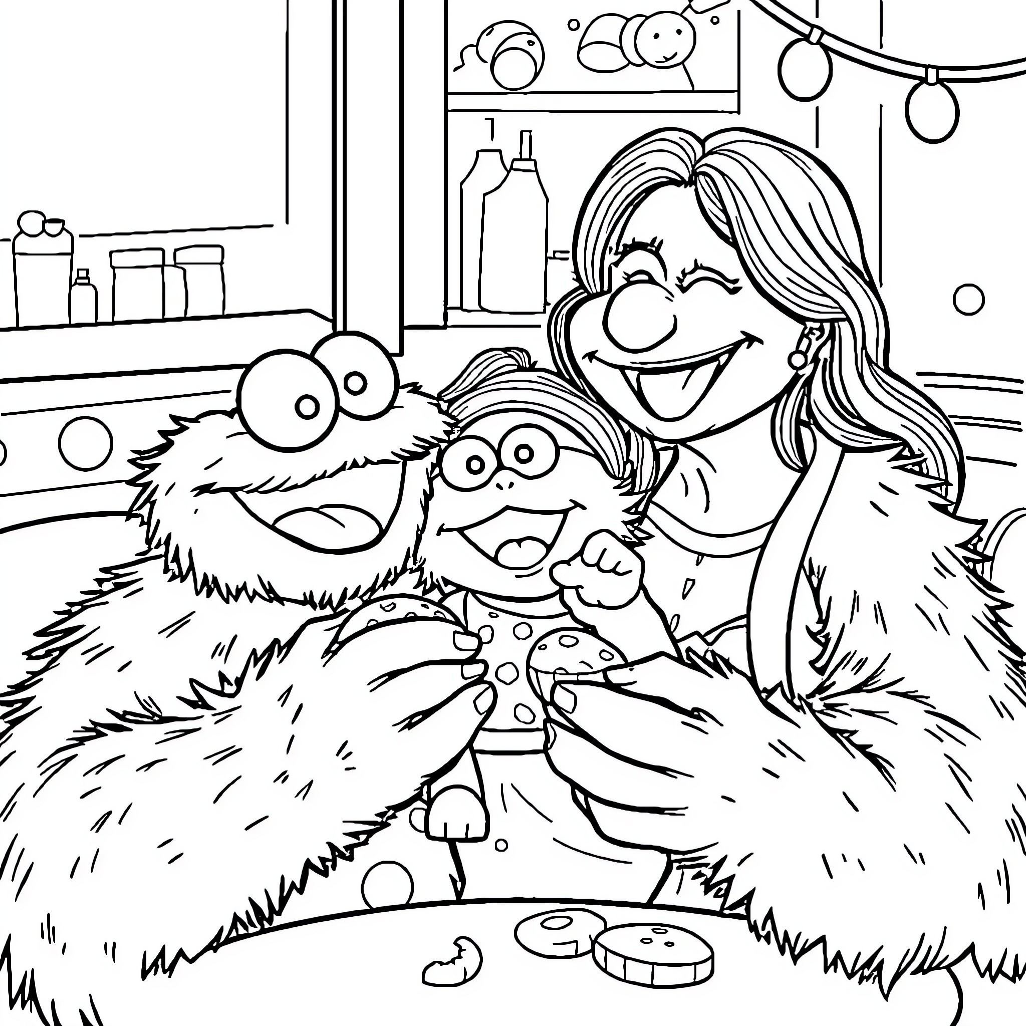 Cookie Monster and Friends Joyfully Playing Together Coloring Page (free black-and-white line drawing printable PDF for all, from beginners to advanced learners, including children, teens, adults, and seniors)
