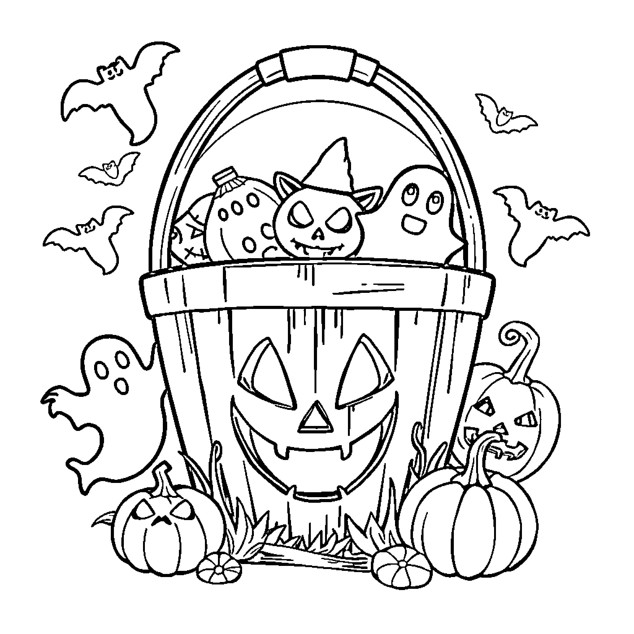 Bucket of Halloween treats and decorations Coloring Page (free black-and-white line drawing printable PDF for all, from beginners to advanced learners, including children, teens, adults, and seniors)