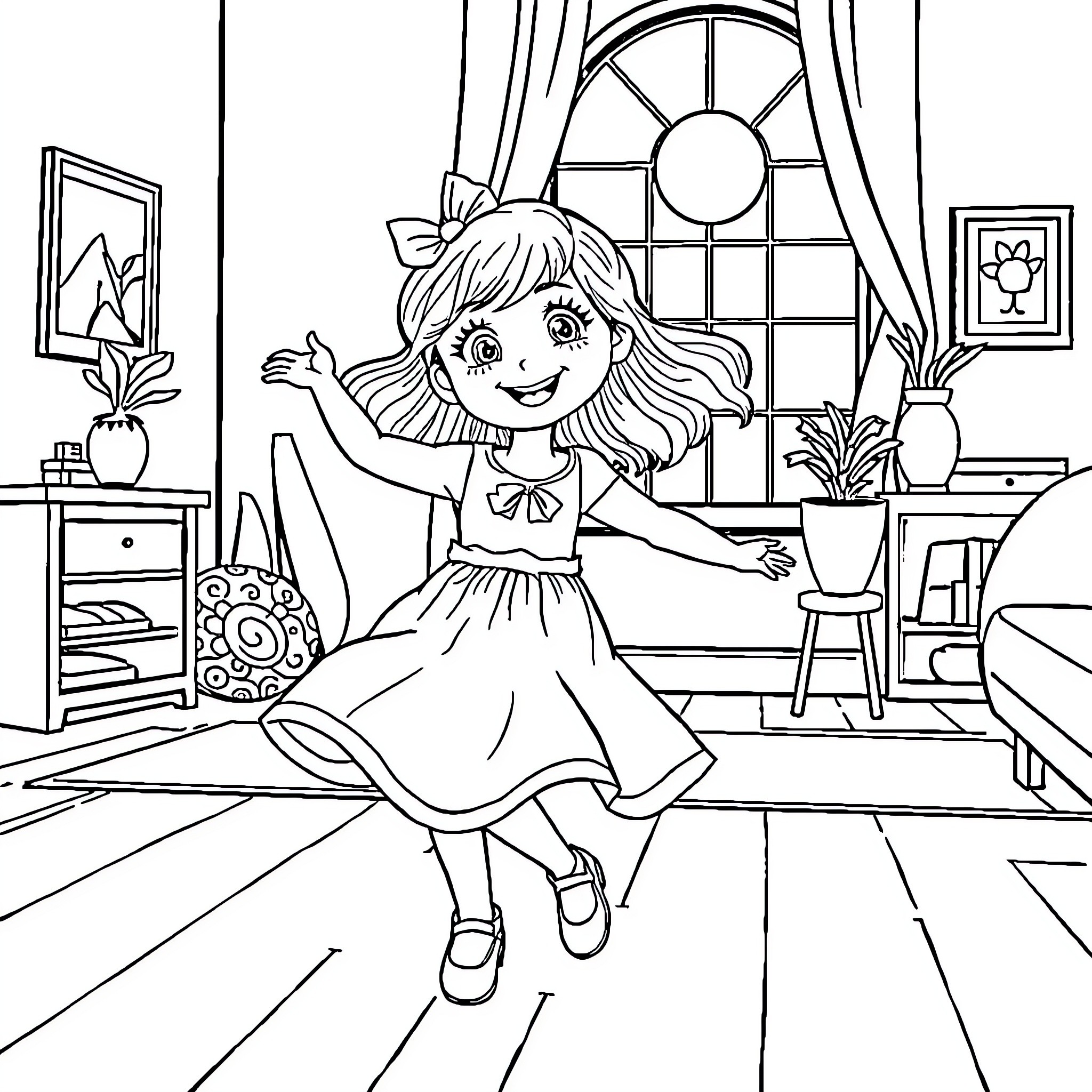 Suzienette's Cheerful Dance in the Cozy Room Coloring Page (free black-and-white line drawing printable PDF for all, from beginners to advanced learners, including children, teens, adults, and seniors)