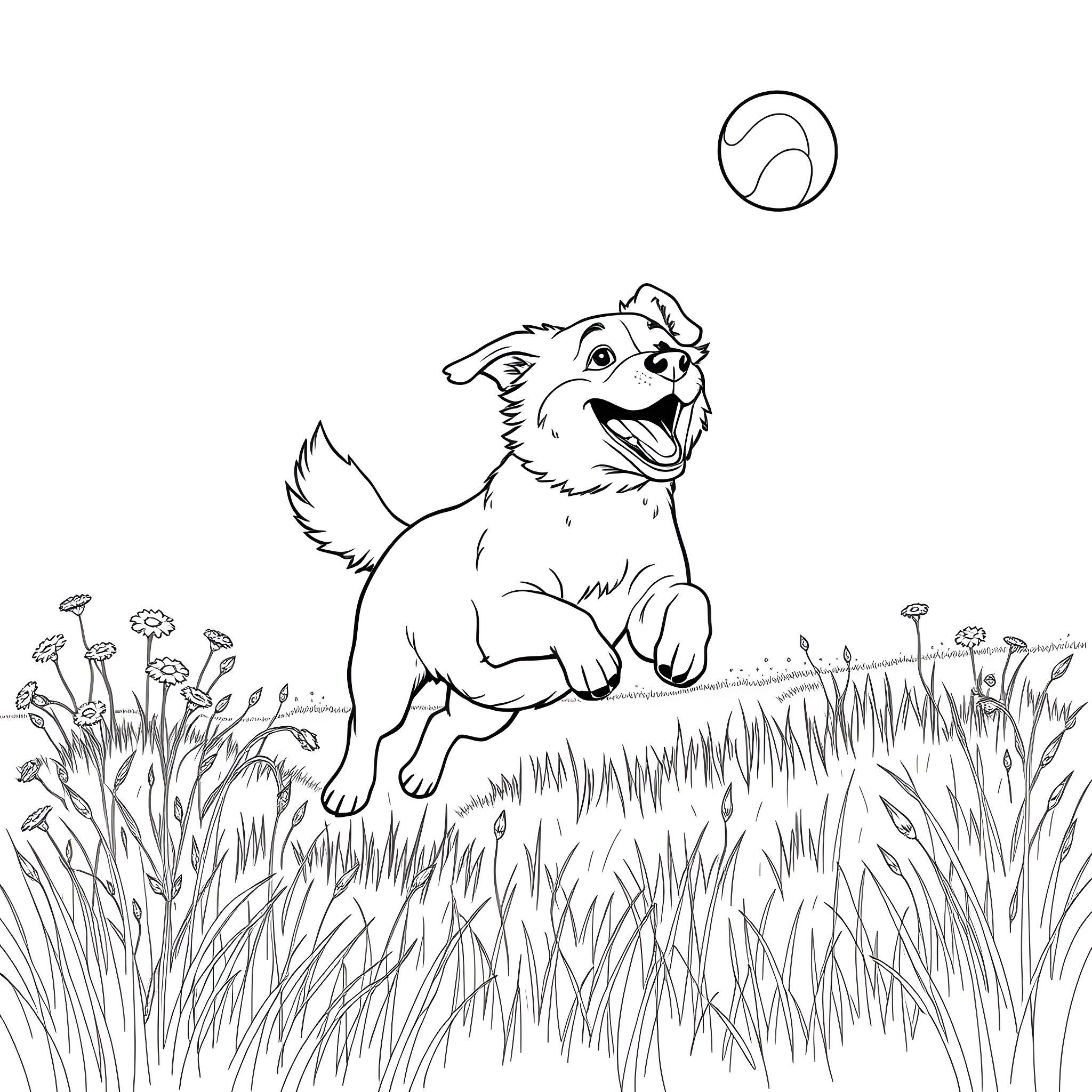 Dog playing joyfully in the meadow Coloring Page (free black-and-white line drawing printable PDF for all, from beginners to advanced learners, including children, teens, adults, and seniors)