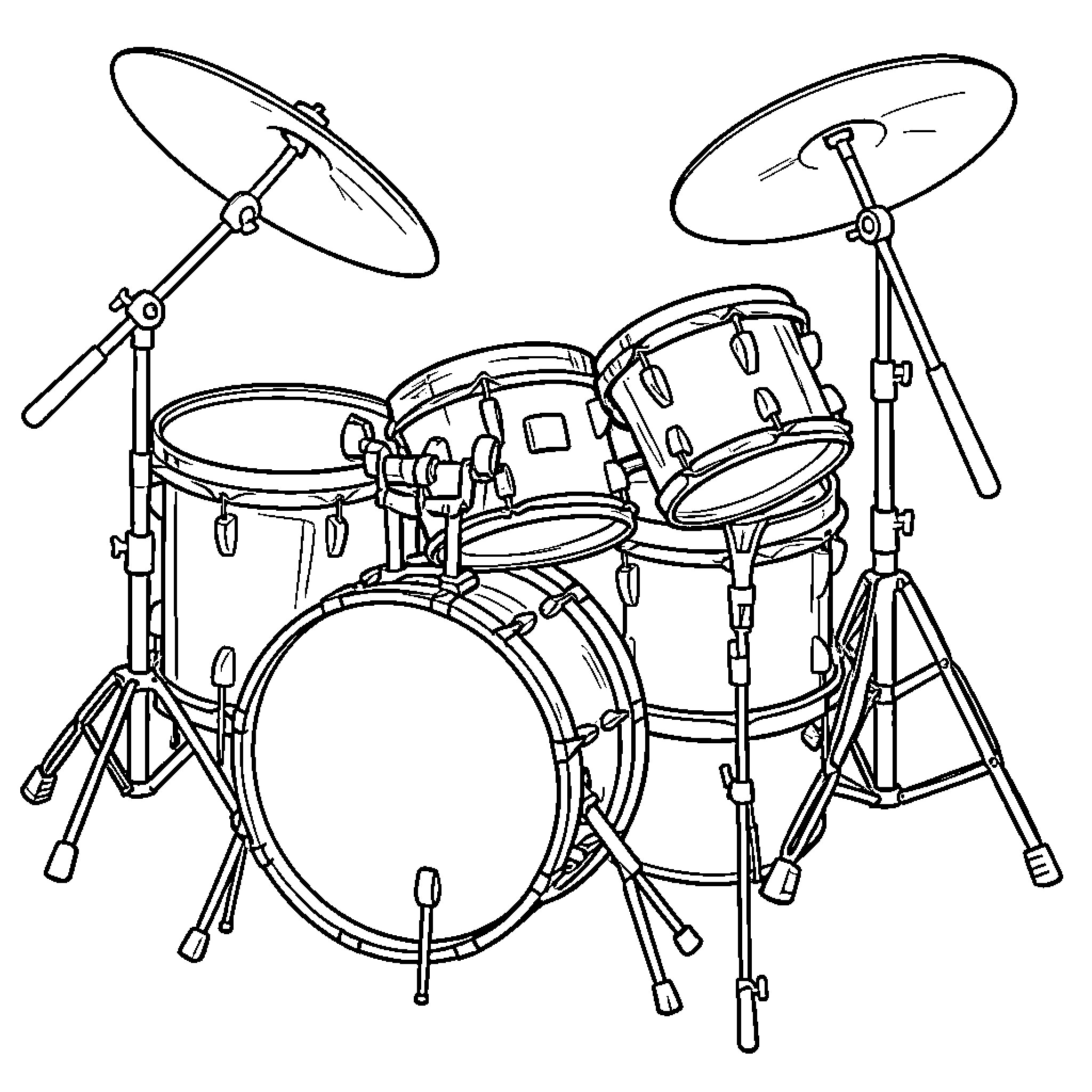 Drum set with musical instruments Coloring Page (free black-and-white line drawing printable PDF for all, from beginners to advanced learners, including children, teens, adults, and seniors)
