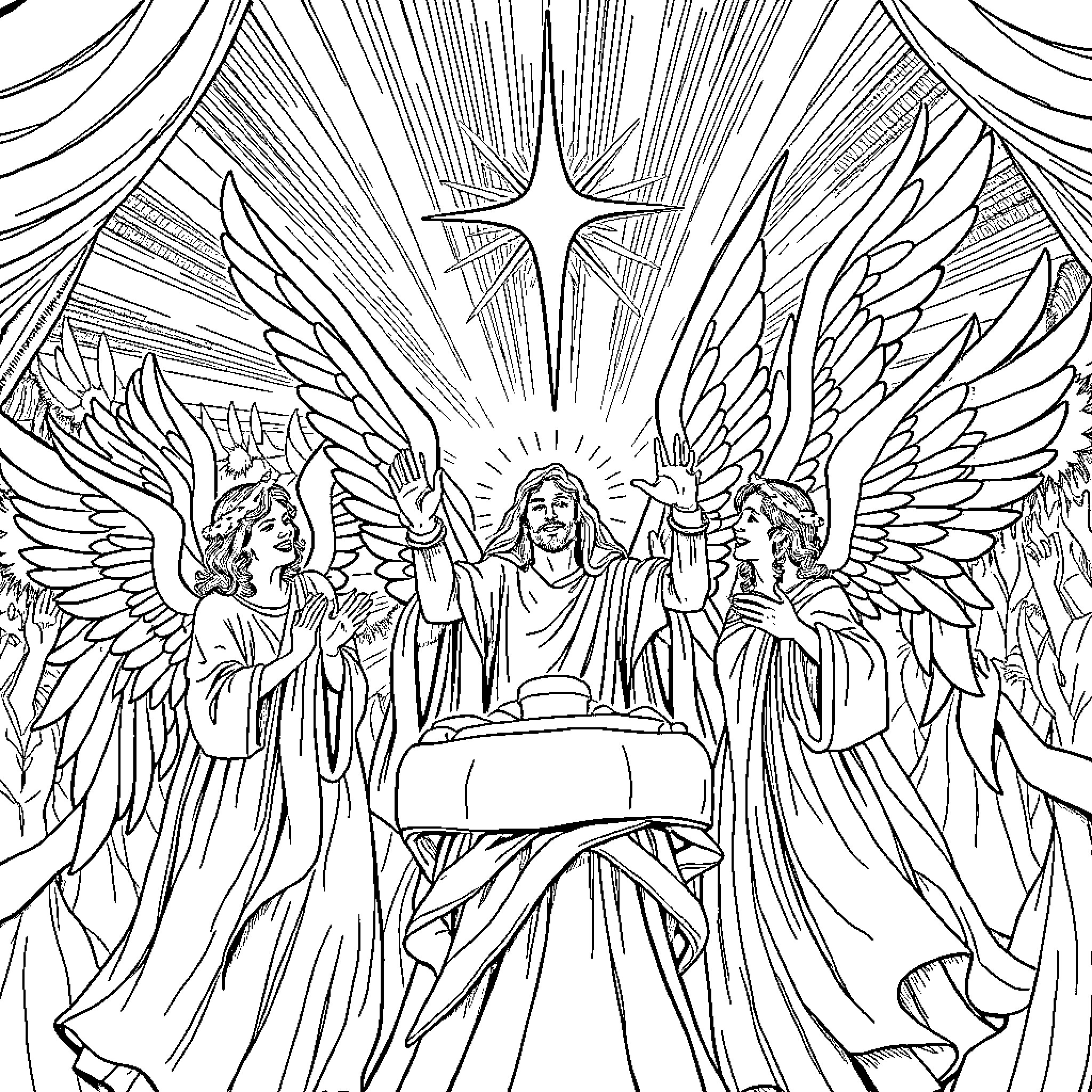 Angel Worshiping Jesus with Angels Coloring Page (free black-and-white line drawing printable PDF for all, from beginners to advanced learners, including children, teens, adults, and seniors)
