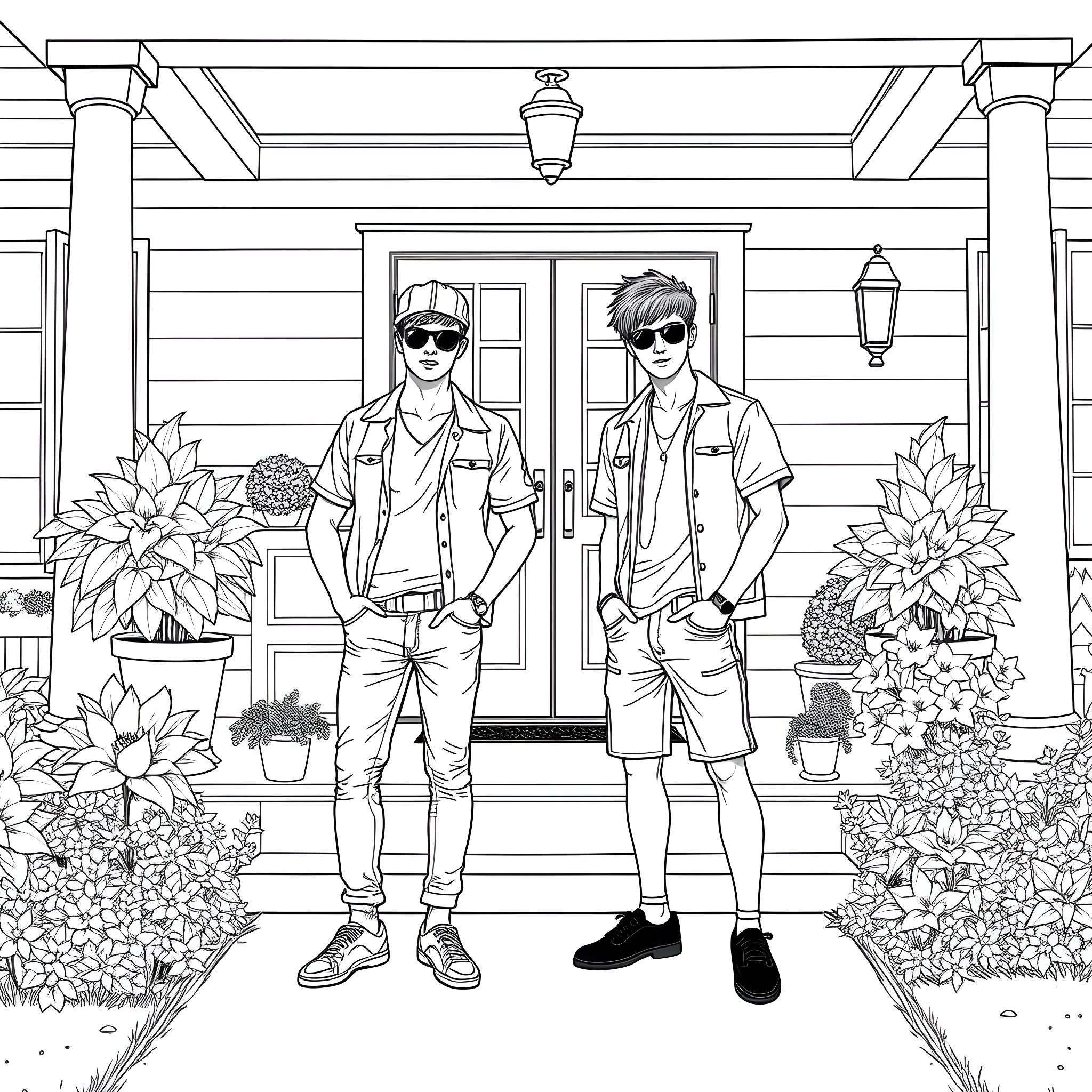 Teen Guys Posing Stylishly Outside a House Coloring Page (free black-and-white line drawing printable PDF for all, from beginners to advanced learners, including children, teens, adults, and seniors)