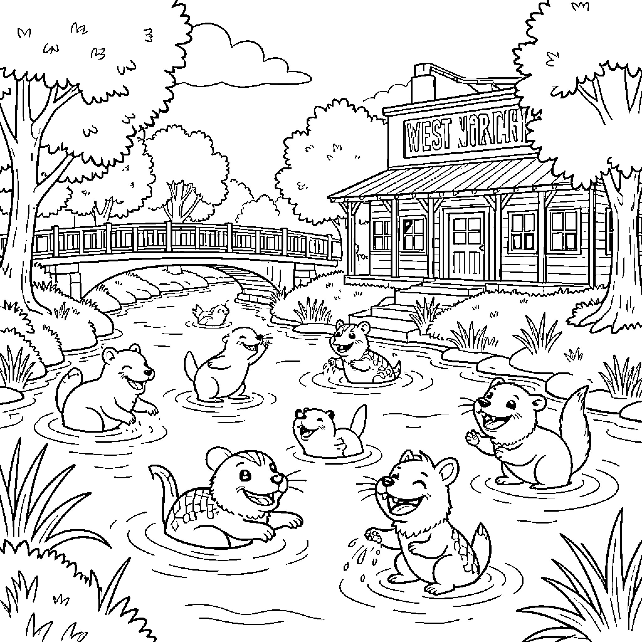 River Animal characters swimming happily in the water Coloring Page (free black-and-white line drawing printable PDF for all, from beginners to advanced learners, including children, teens, adults, and seniors)