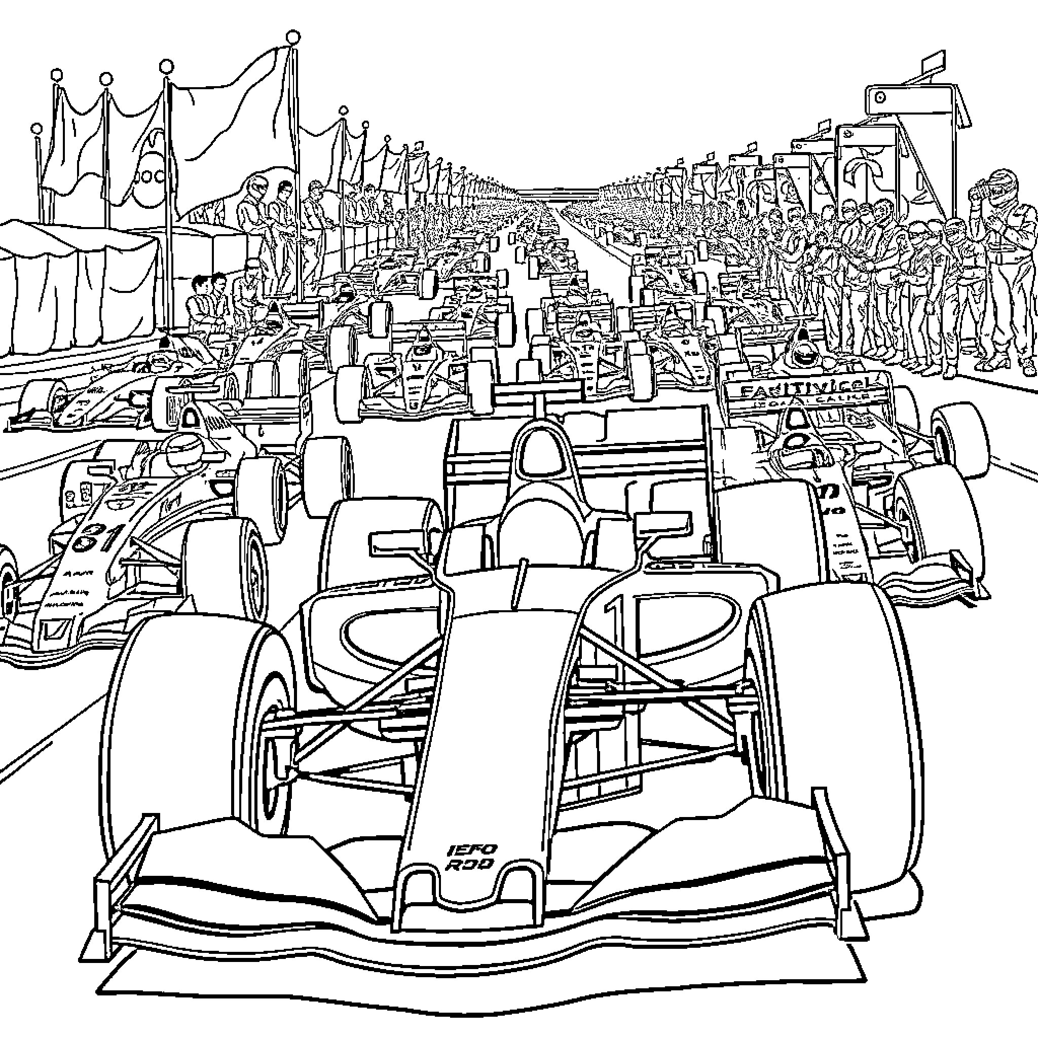 F1 Cars racing on crowded track with spectators Coloring Page (free black-and-white line drawing printable PDF for all, from beginners to advanced learners, including children, teens, adults, and seniors)
