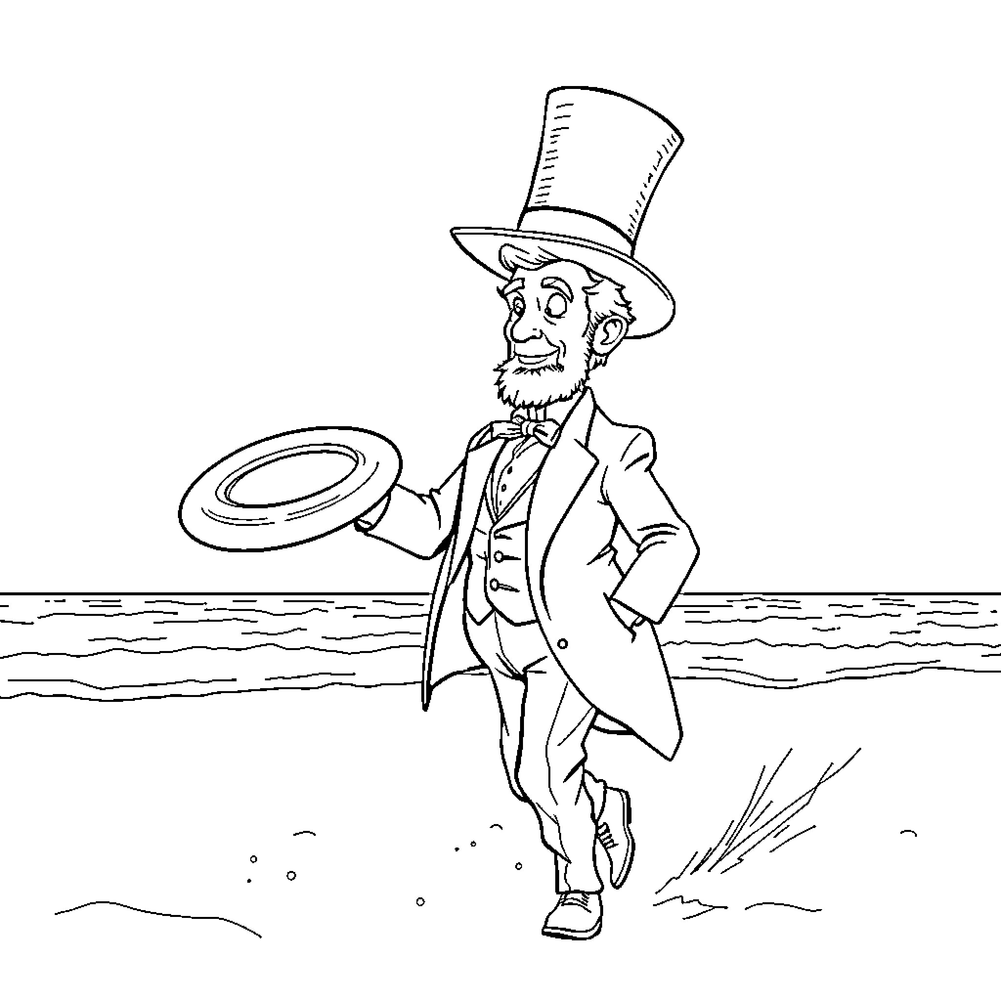 Abraham Lincoln playing with a frisbee on the beach Coloring Page (free black-and-white line drawing printable PDF for all, from beginners to advanced learners, including children, teens, adults, and seniors)