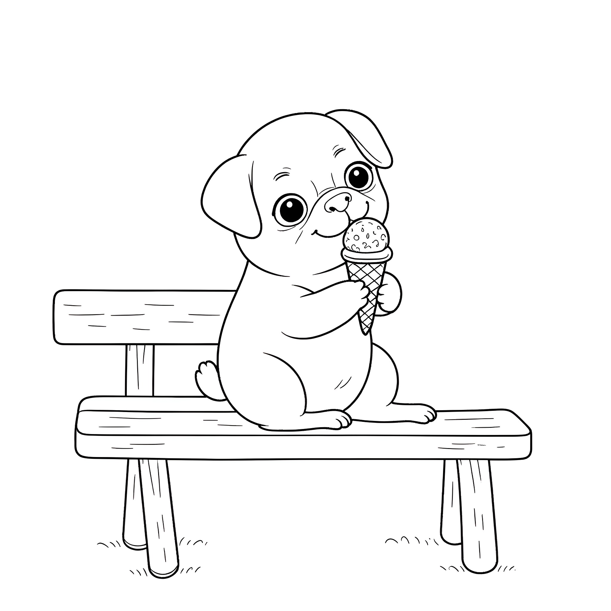 Pug enjoying an ice cream treat on a bench Coloring Page (free black-and-white line drawing printable PDF for all, from beginners to advanced learners, including children, teens, adults, and seniors)