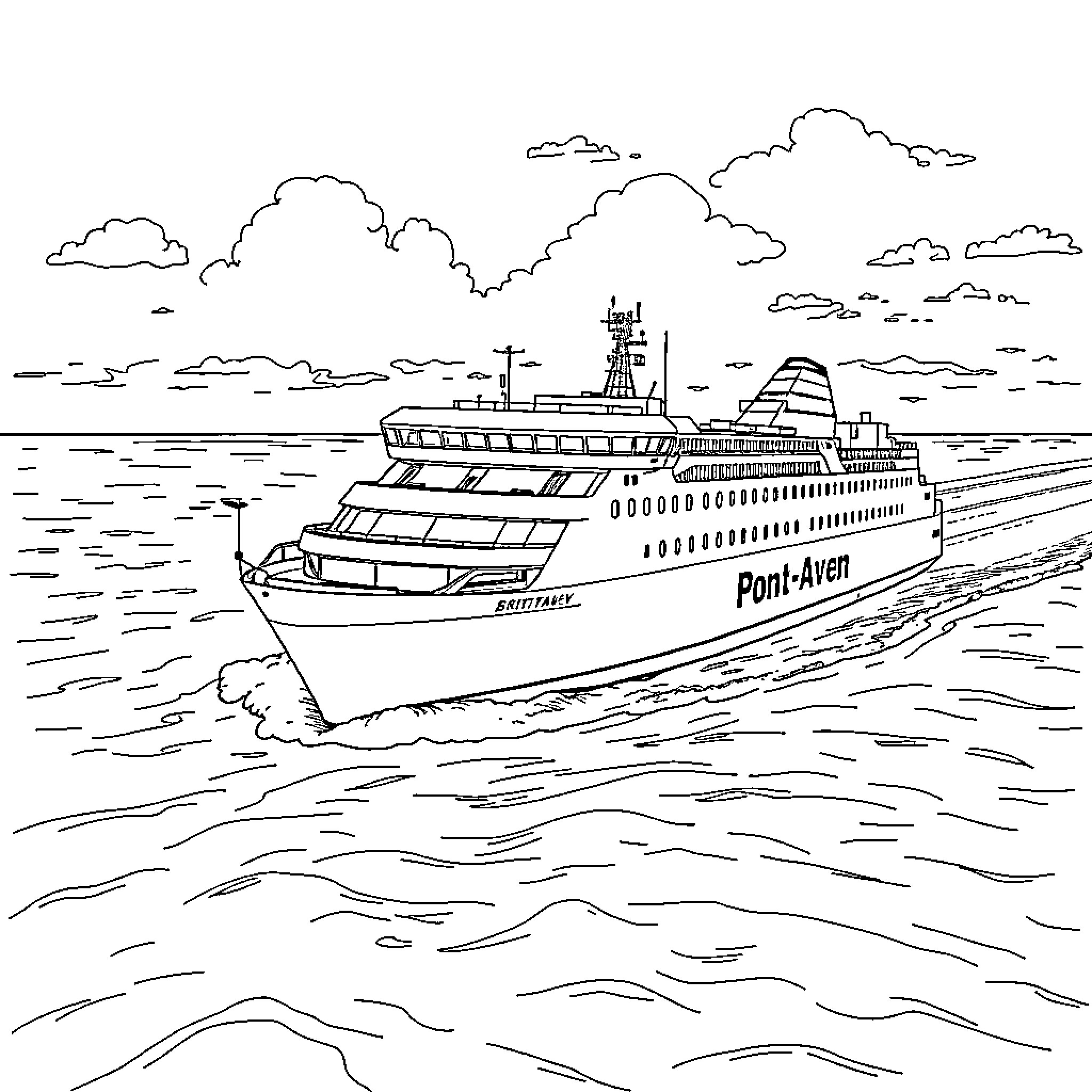 Ship sailing across the open waters Coloring Page (free black-and-white line drawing printable PDF for all, from beginners to advanced learners, including children, teens, adults, and seniors)