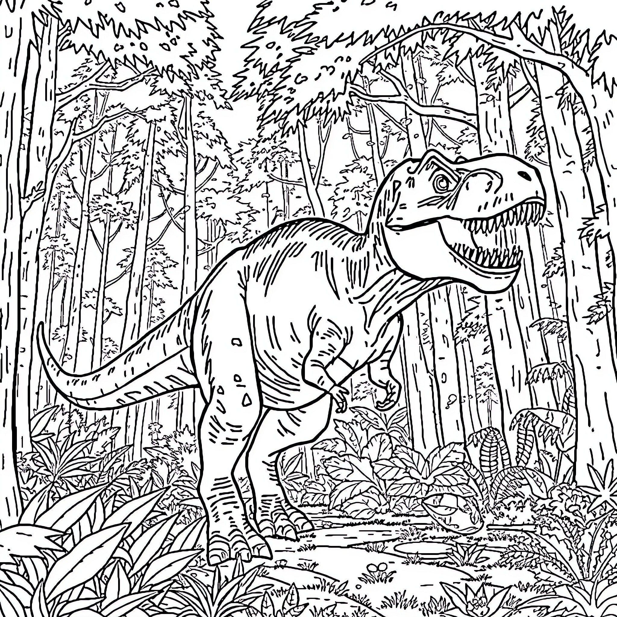 T-Rex roaming through the prehistoric forest Coloring Page (free black-and-white line drawing printable PDF for all, from beginners to advanced learners, including children, teens, adults, and seniors)
