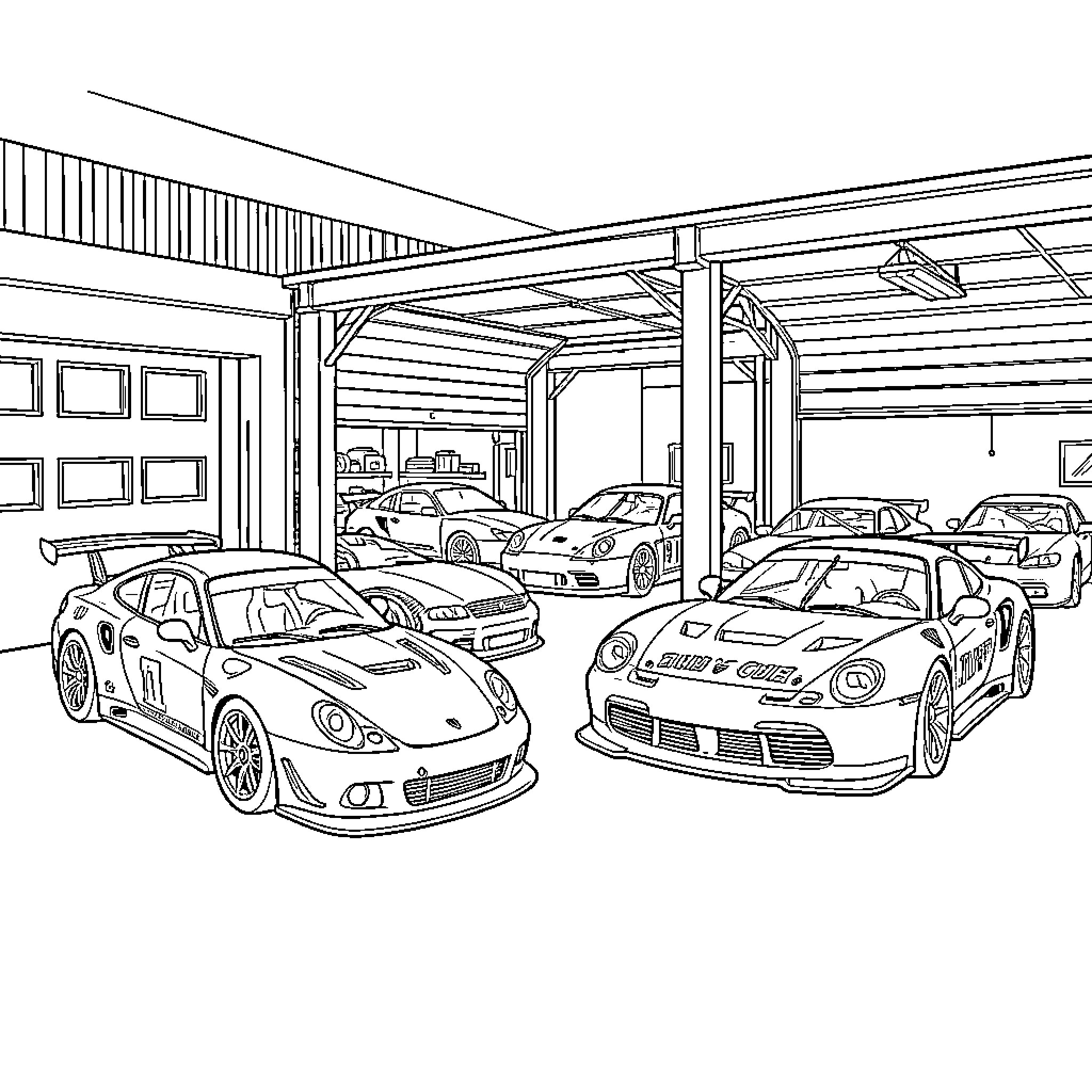 Car collection parked inside a large garage Coloring Page (free black-and-white line drawing printable PDF for all, from beginners to advanced learners, including children, teens, adults, and seniors)