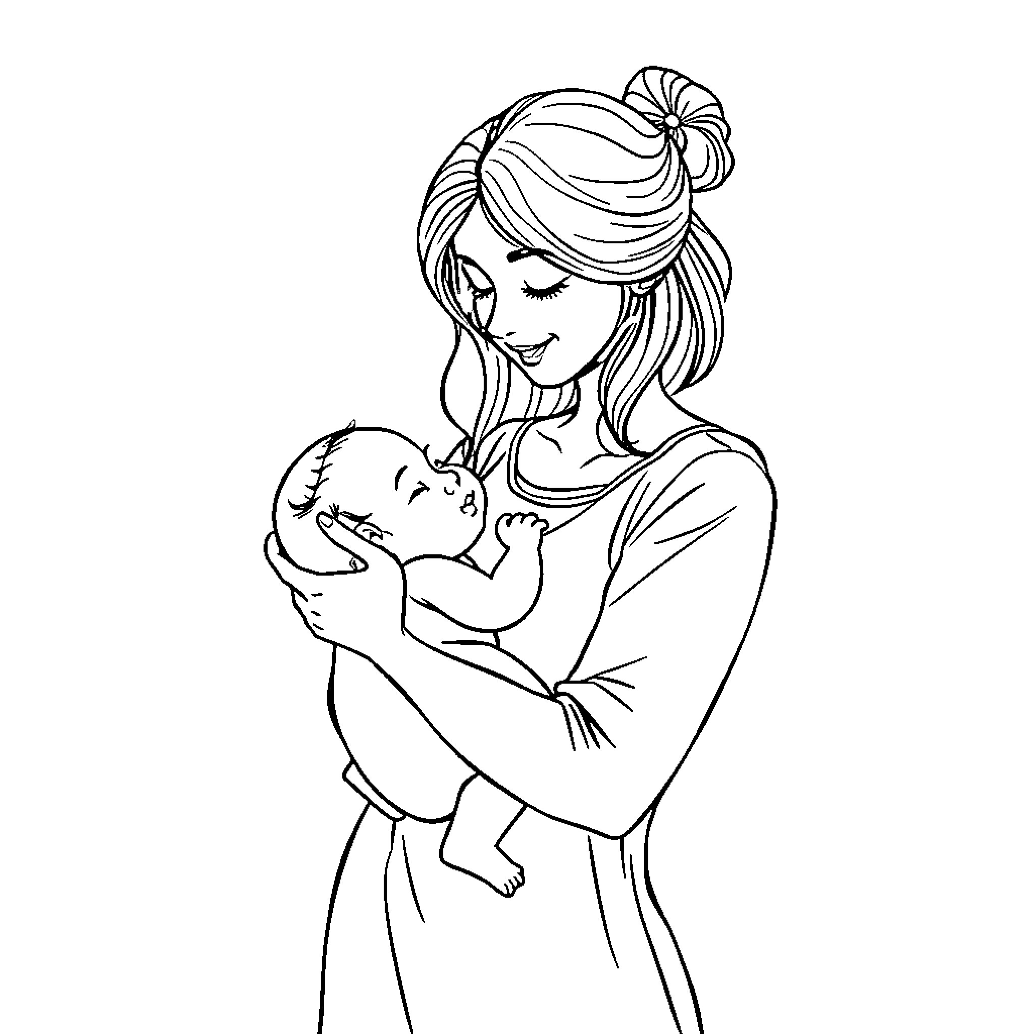 Mother tenderly holding her newborn baby Coloring Page (free black-and-white line drawing printable PDF for all, from beginners to advanced learners, including children, teens, adults, and seniors)