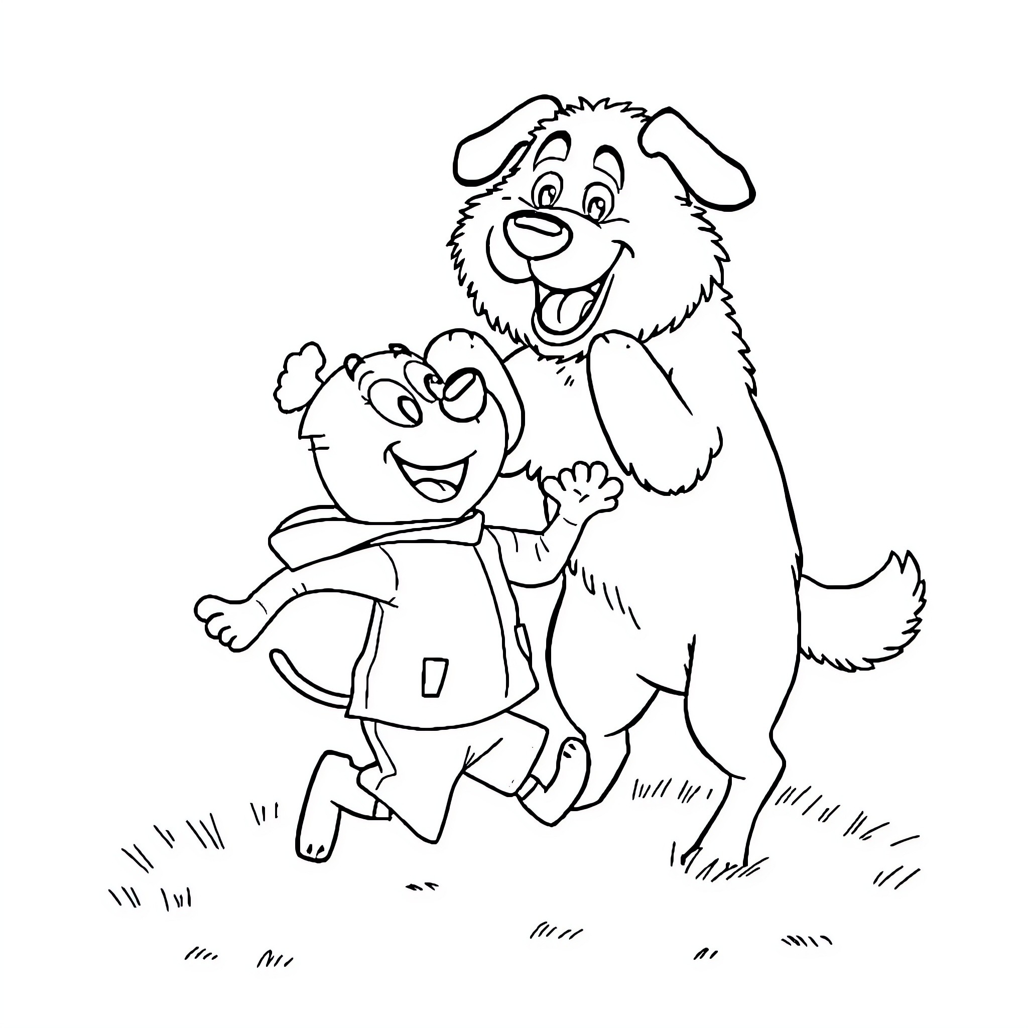 Blippi and his Furry Friend Explore the Outdoors Coloring Page (free black-and-white line drawing printable PDF for all, from beginners to advanced learners, including children, teens, adults, and seniors)