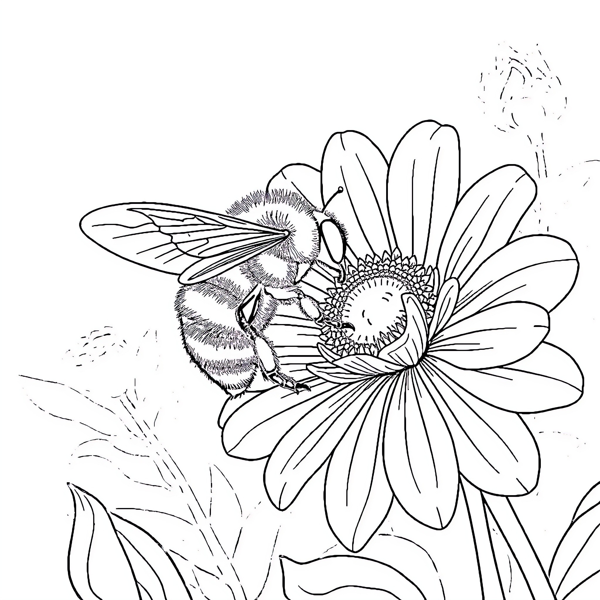 Bumble Bee exploring a vibrant floral scene Coloring Page (free black-and-white line drawing printable PDF for all, from beginners to advanced learners, including children, teens, adults, and seniors)