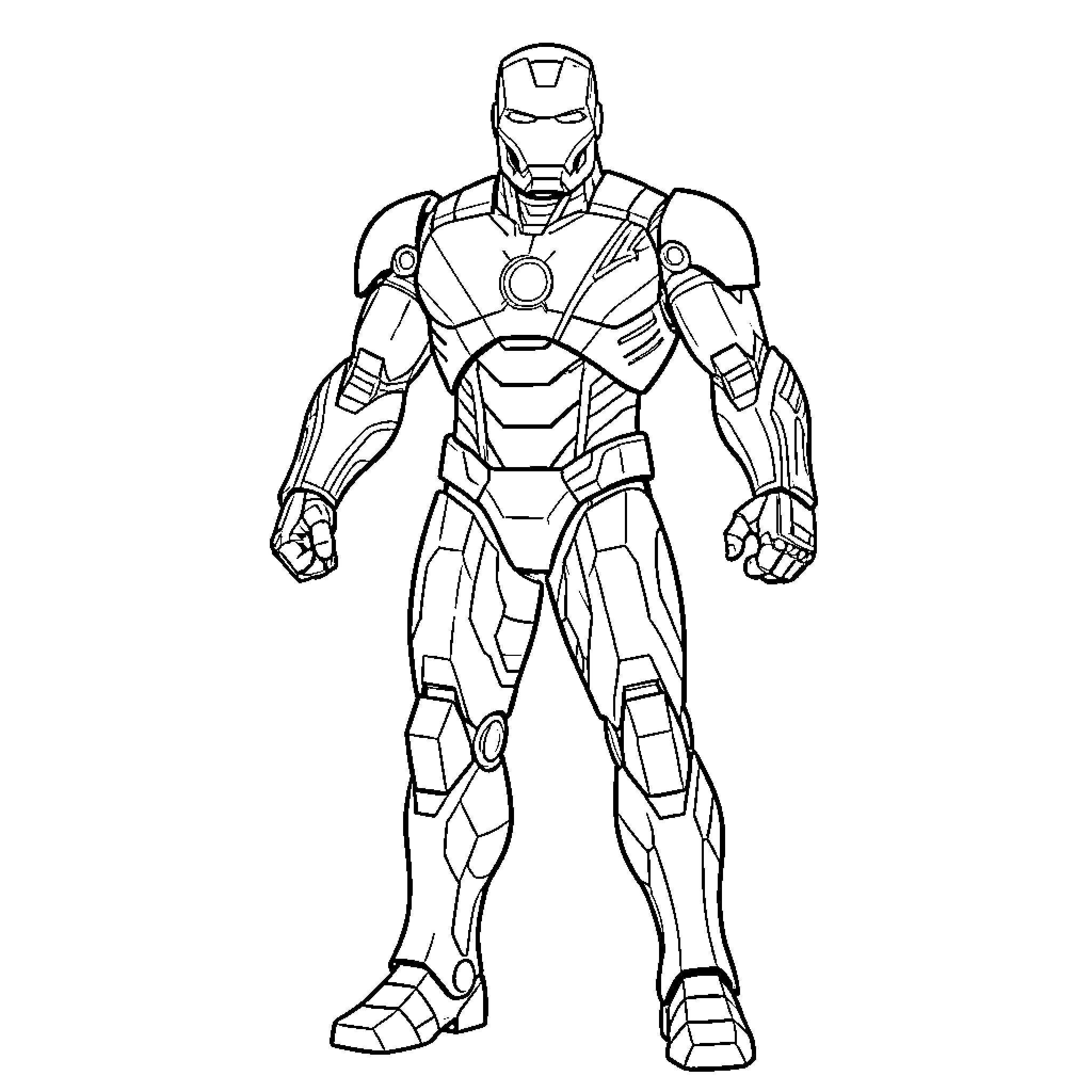 Iron Man standing in full armored suit Coloring Page (free black-and-white line drawing printable PDF for all, from beginners to advanced learners, including children, teens, adults, and seniors)