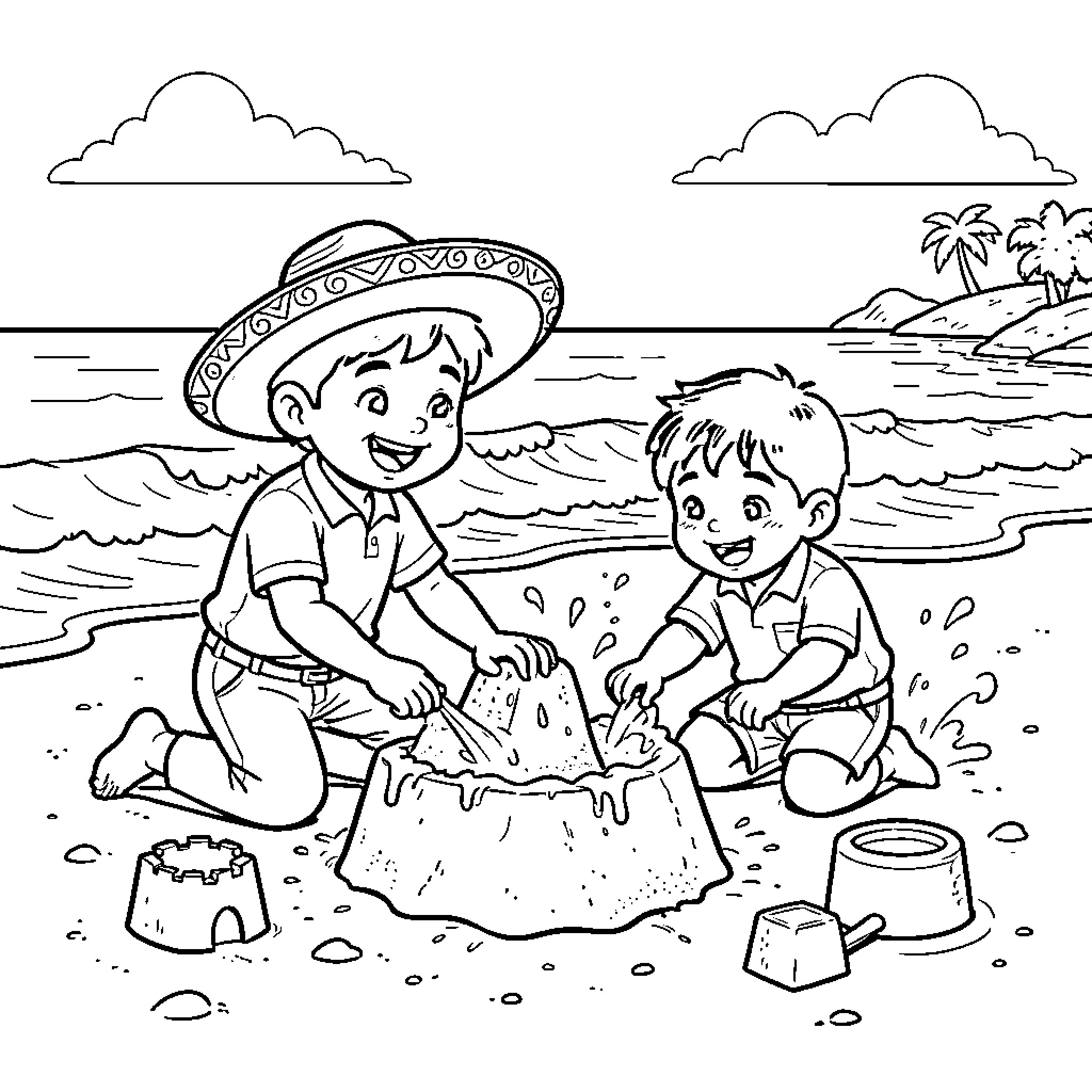 Mexicano children building sandcastles on the beach Coloring Page (free black-and-white line drawing printable PDF for all, from beginners to advanced learners, including children, teens, adults, and seniors)