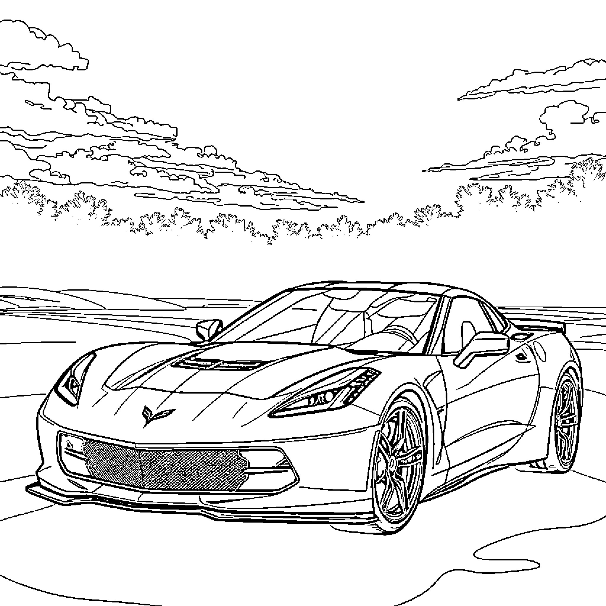 Corvette speeding along the open road Coloring Page (free black-and-white line drawing printable PDF for all, from beginners to advanced learners, including children, teens, adults, and seniors)