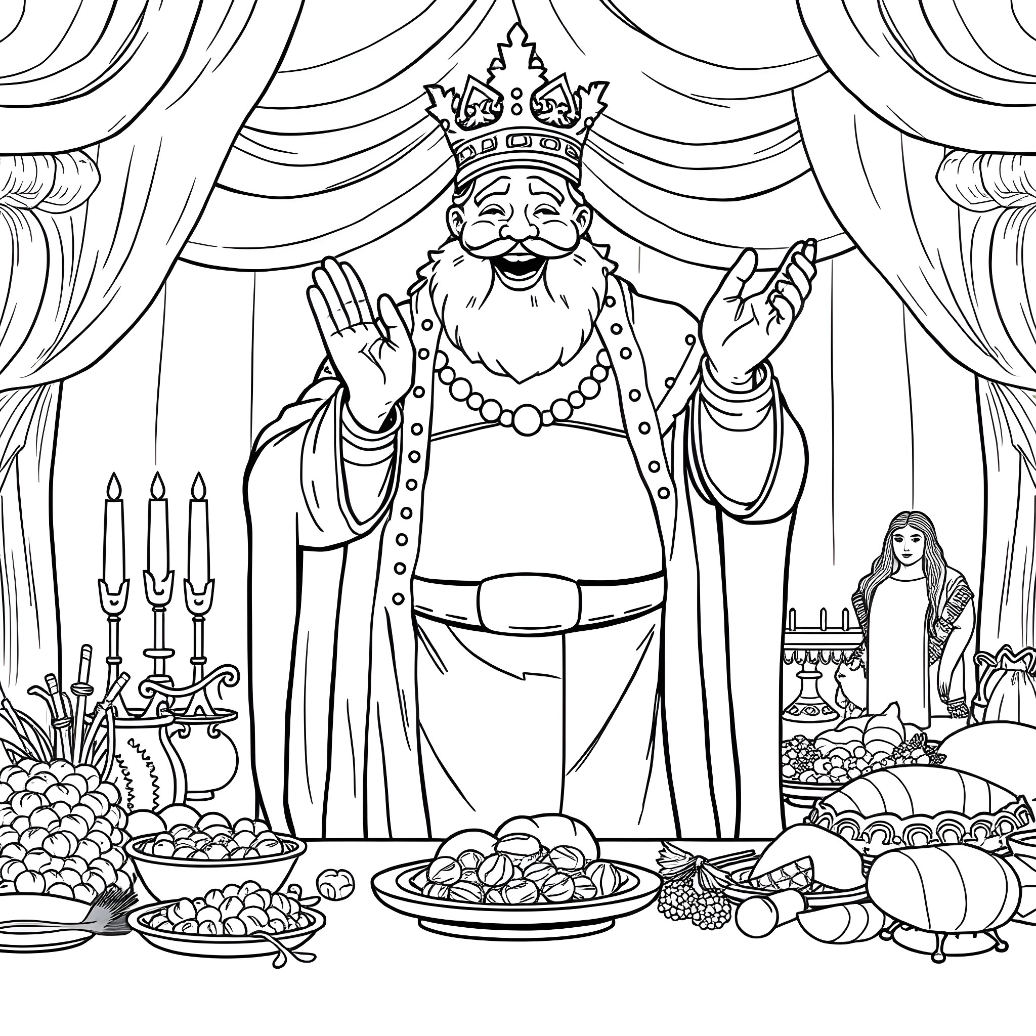 King Presenting a Festive Feast Coloring Page (free black-and-white line drawing printable PDF for all, from beginners to advanced learners, including children, teens, adults, and seniors)