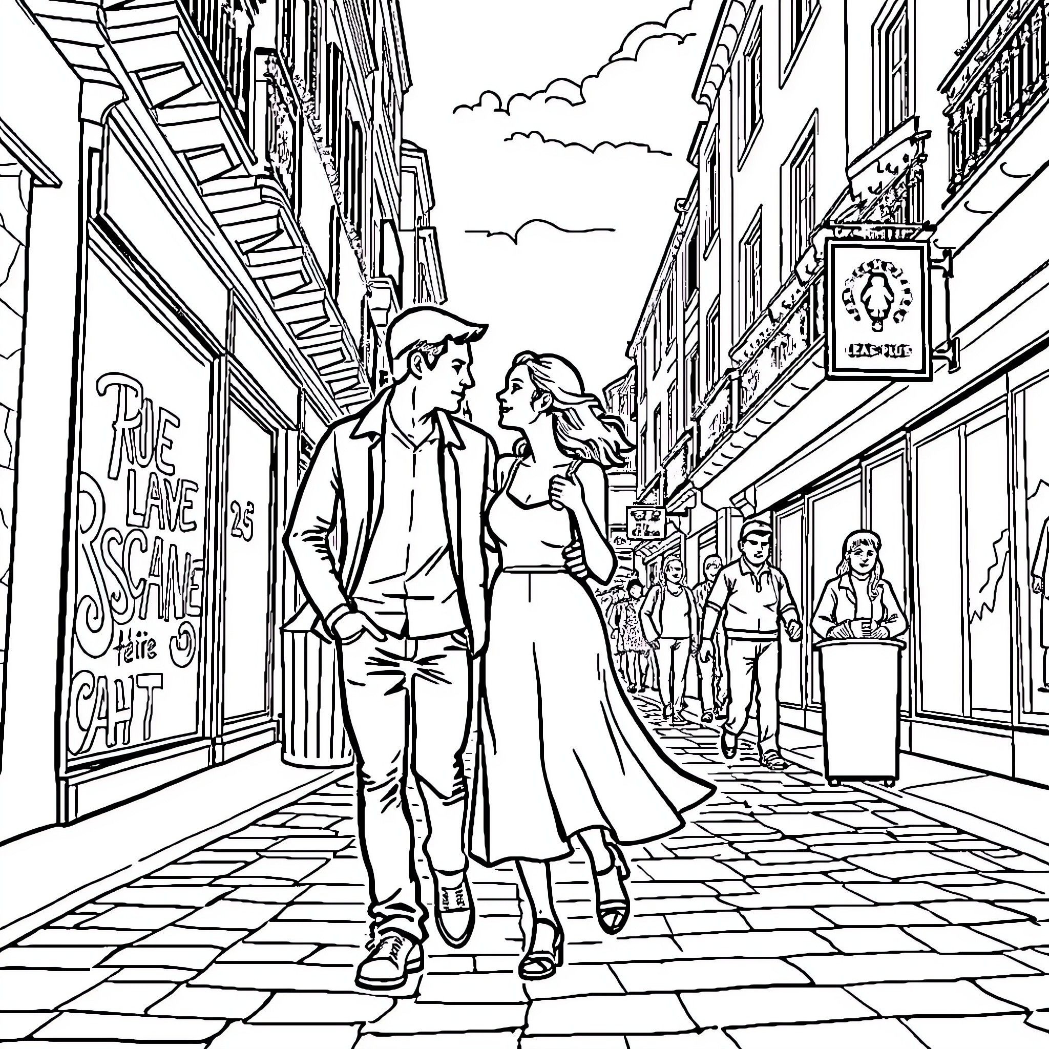 Couple Strolling Down a Lively Street Coloring Page (free black-and-white line drawing printable PDF for all, from beginners to advanced learners, including children, teens, adults, and seniors)