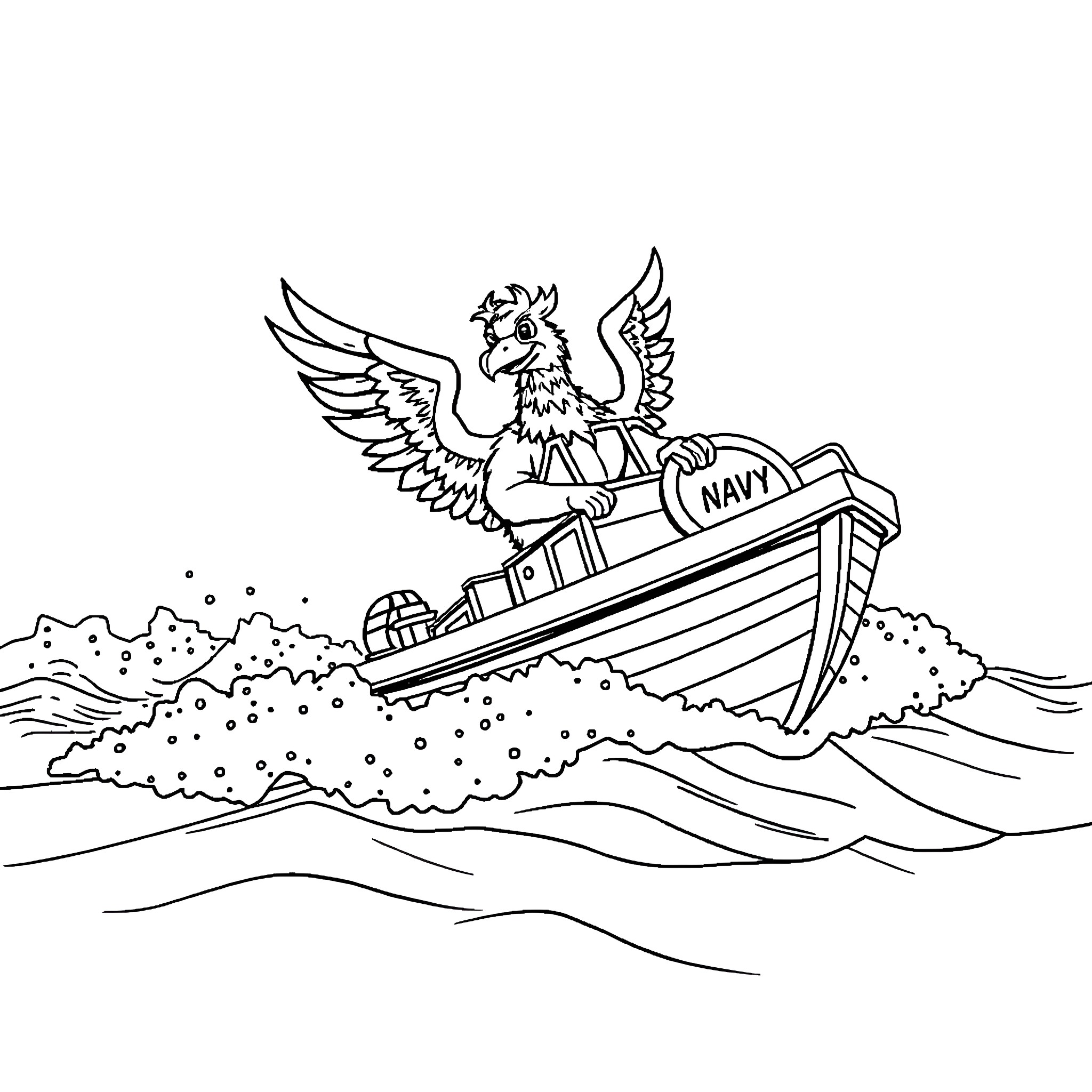 Griffin sailing on a naval vessel through the waves Coloring Page (free black-and-white line drawing printable PDF for all, from beginners to advanced learners, including children, teens, adults, and seniors)