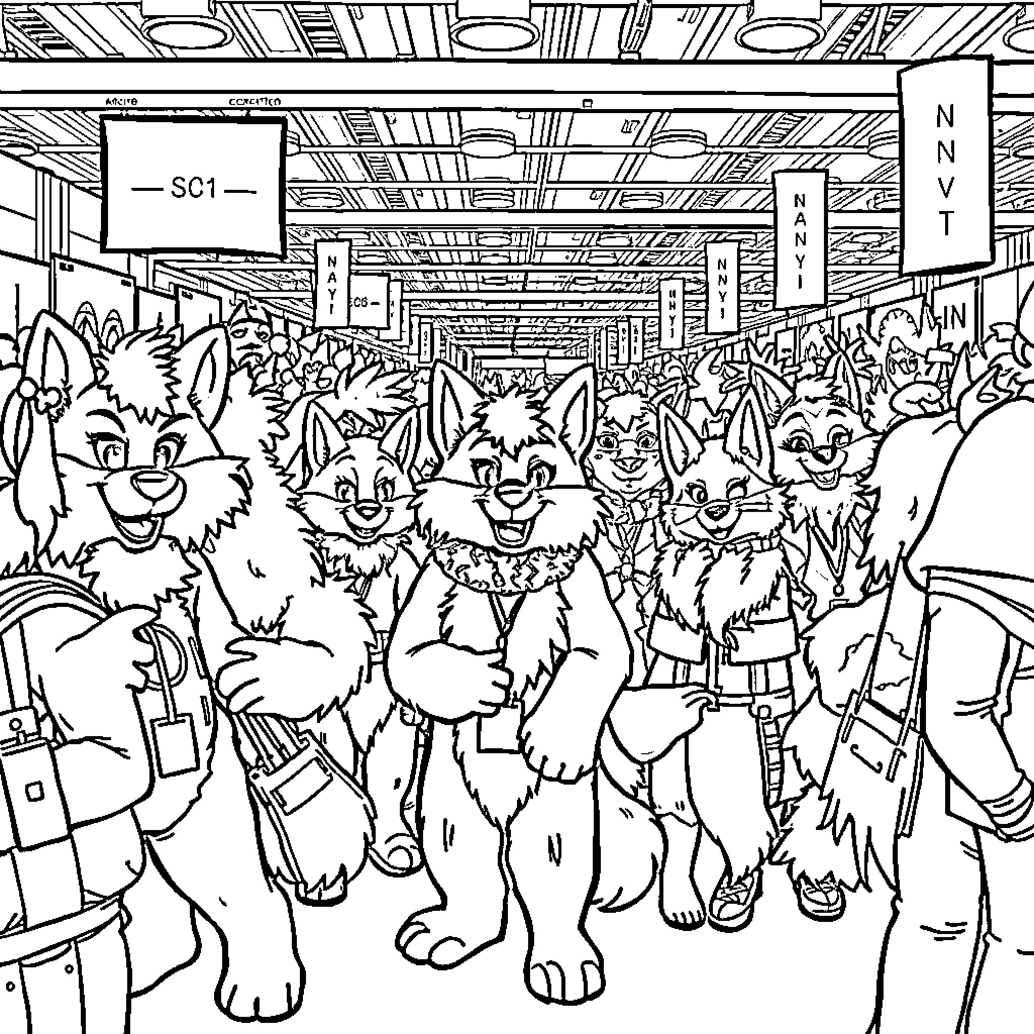 Fur Frenzy in the Crowded Convention Center Coloring Page (free black-and-white line drawing printable PDF for all, from beginners to advanced learners, including children, teens, adults, and seniors)