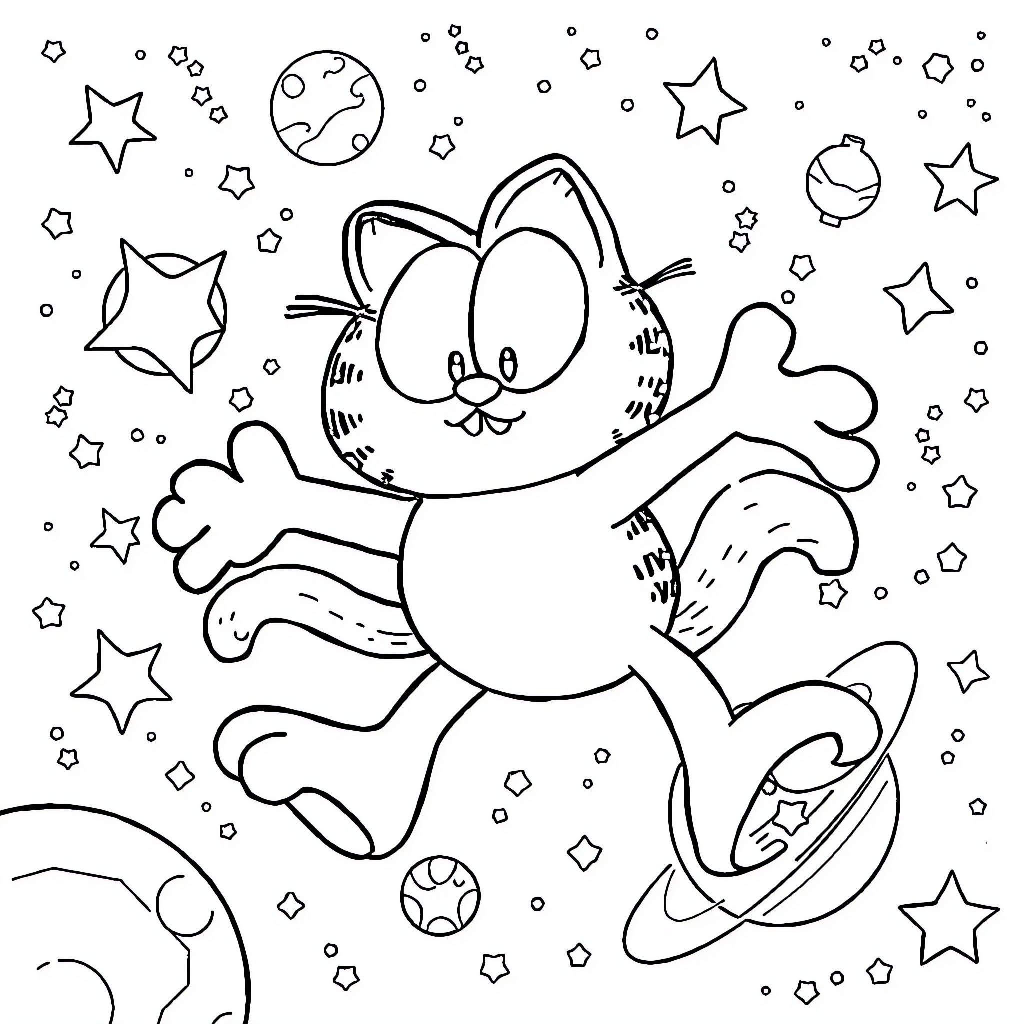 Garfield floating through a cosmic space Coloring Page (free black-and-white line drawing printable PDF for all, from beginners to advanced learners, including children, teens, adults, and seniors)