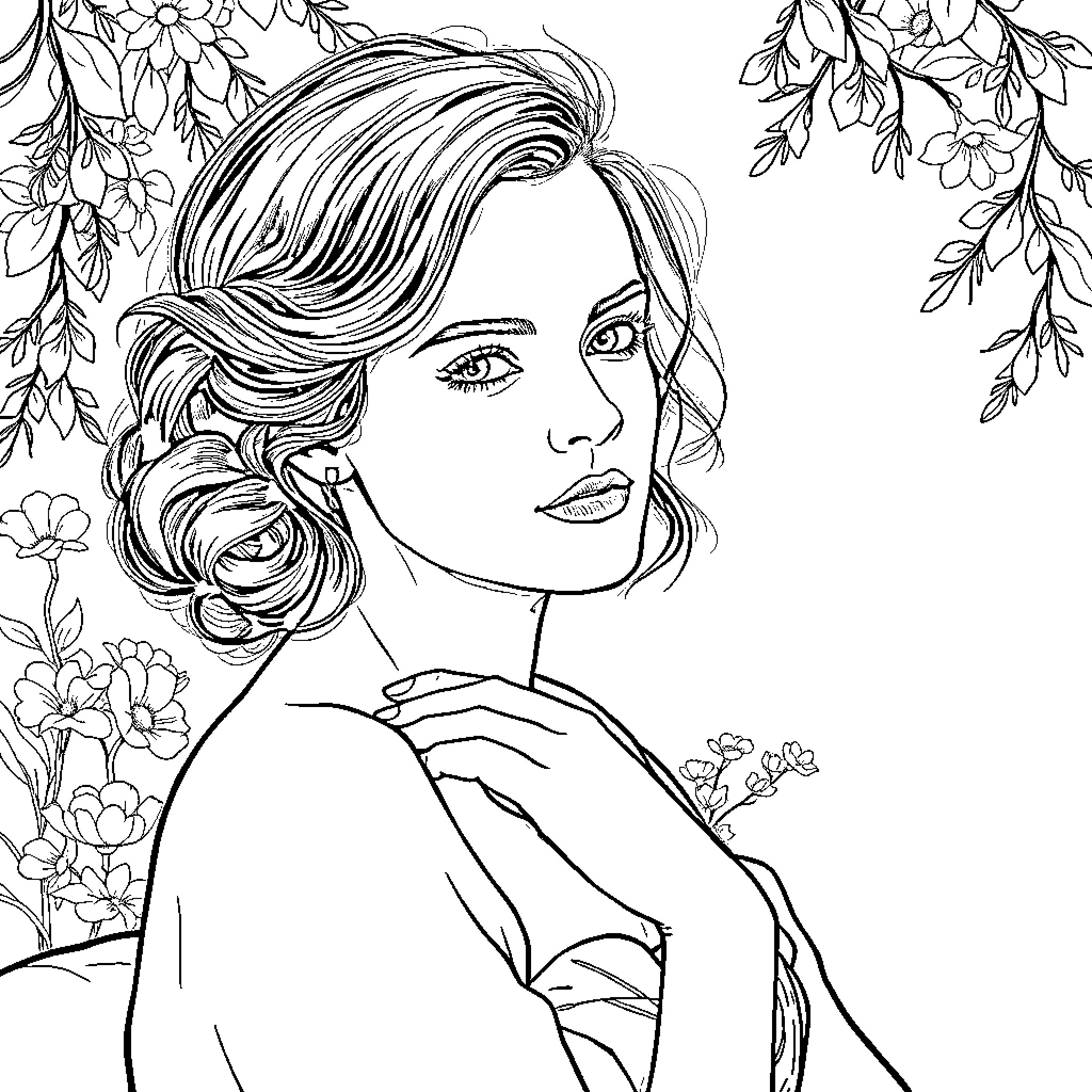 Emma Watson in a floral garden setting Coloring Page (free black-and-white line drawing printable PDF for all, from beginners to advanced learners, including children, teens, adults, and seniors)