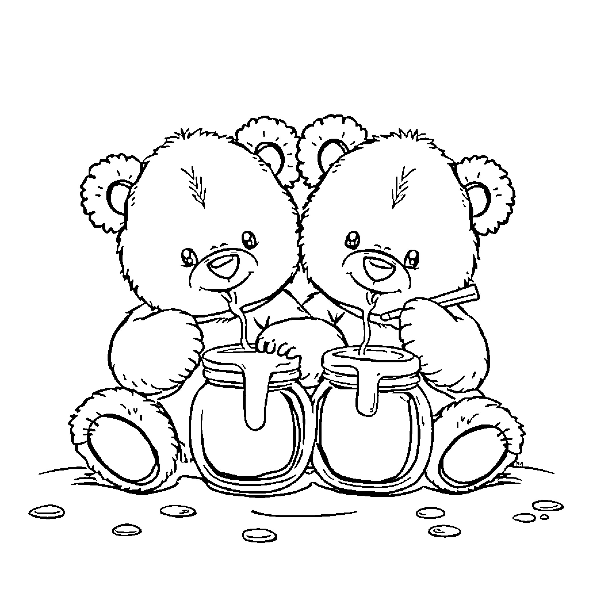 Teddy Bears Enjoying Snacks and Treats Coloring Page (free black-and-white line drawing printable PDF for all, from beginners to advanced learners, including children, teens, adults, and seniors)