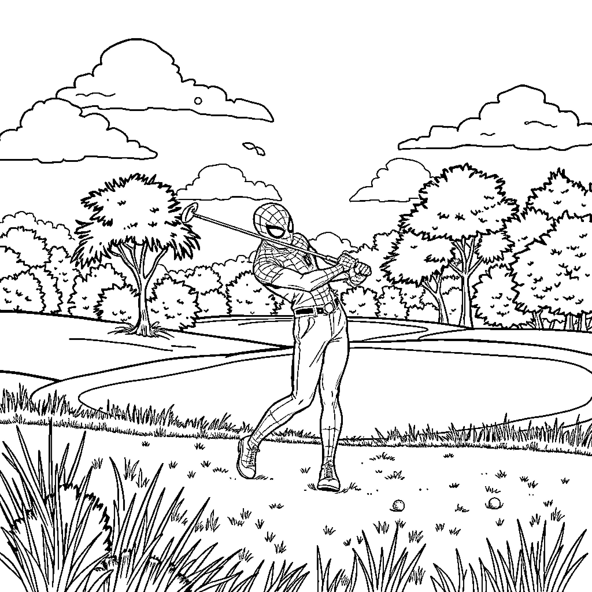 Spiderman exploring the lush outdoor scenery Coloring Page (free black-and-white line drawing printable PDF for all, from beginners to advanced learners, including children, teens, adults, and seniors)