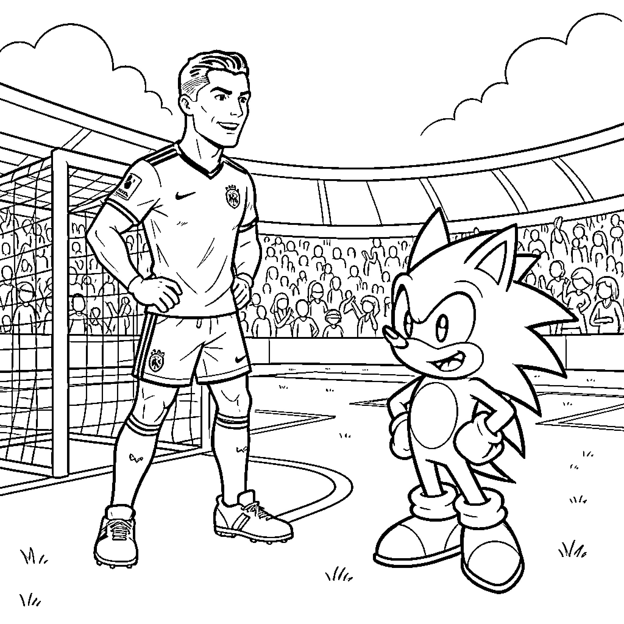 Cristiano Ronaldo standing with Sonic the Hedgehog in a stadium Coloring Page (free black-and-white line drawing printable PDF for all, from beginners to advanced learners, including children, teens, adults, and seniors)