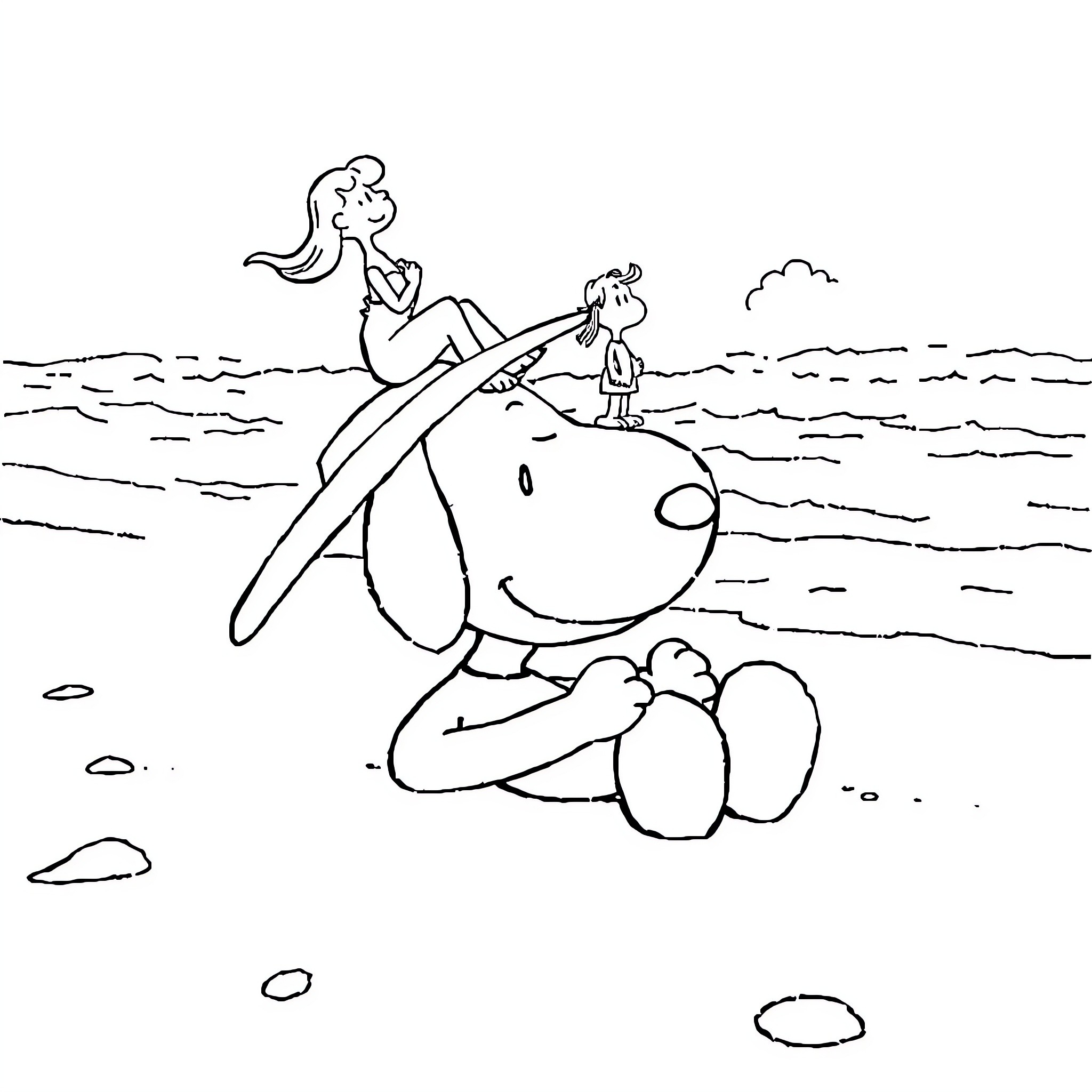 Snoopy and Friends Enjoying Beach Adventure Coloring Page (free black-and-white line drawing printable PDF for all, from beginners to advanced learners, including children, teens, adults, and seniors)