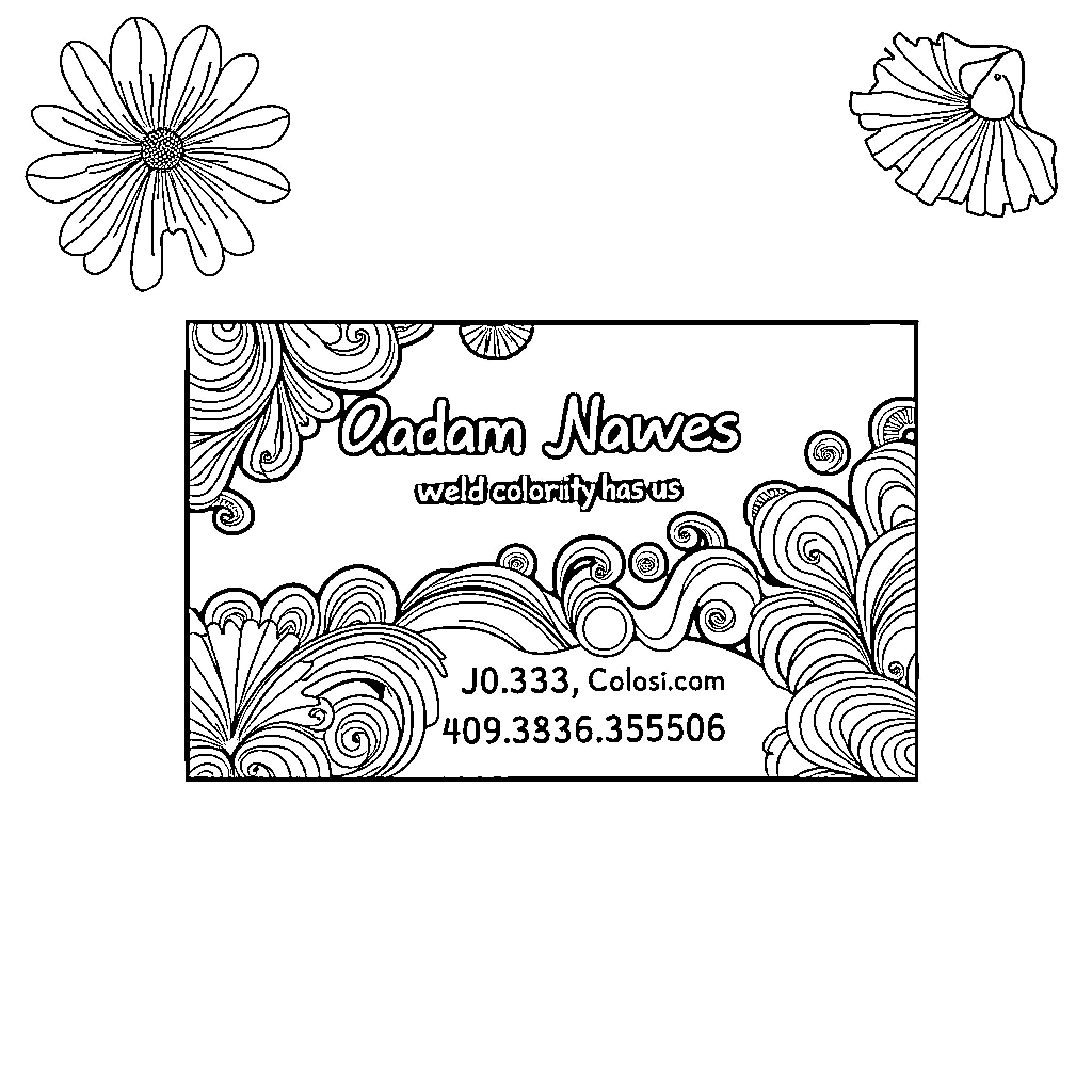 Business Card with Floral Designs Coloring Page (free black-and-white line drawing printable PDF for all, from beginners to advanced learners, including children, teens, adults, and seniors)
