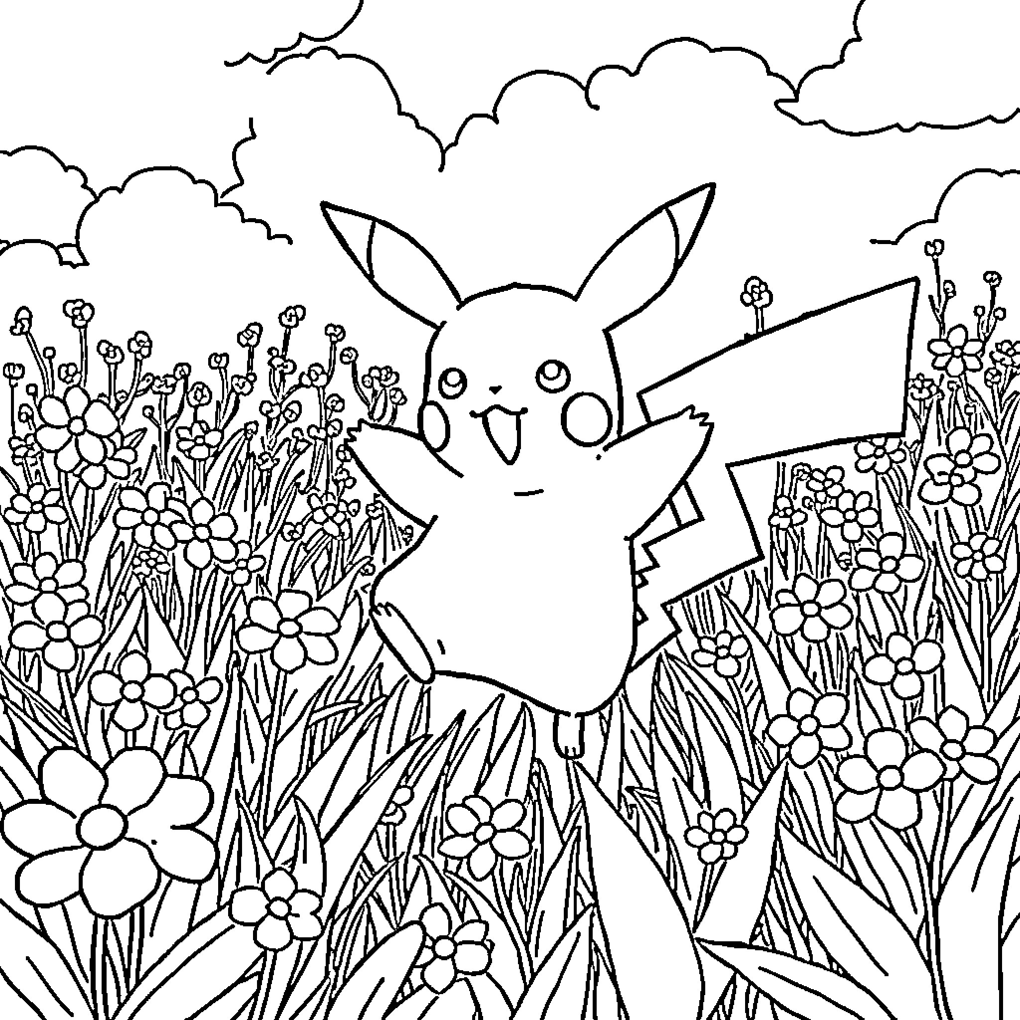 Pikachu enjoying a flowery meadow Coloring Page (free black-and-white line drawing printable PDF for all, from beginners to advanced learners, including children, teens, adults, and seniors)