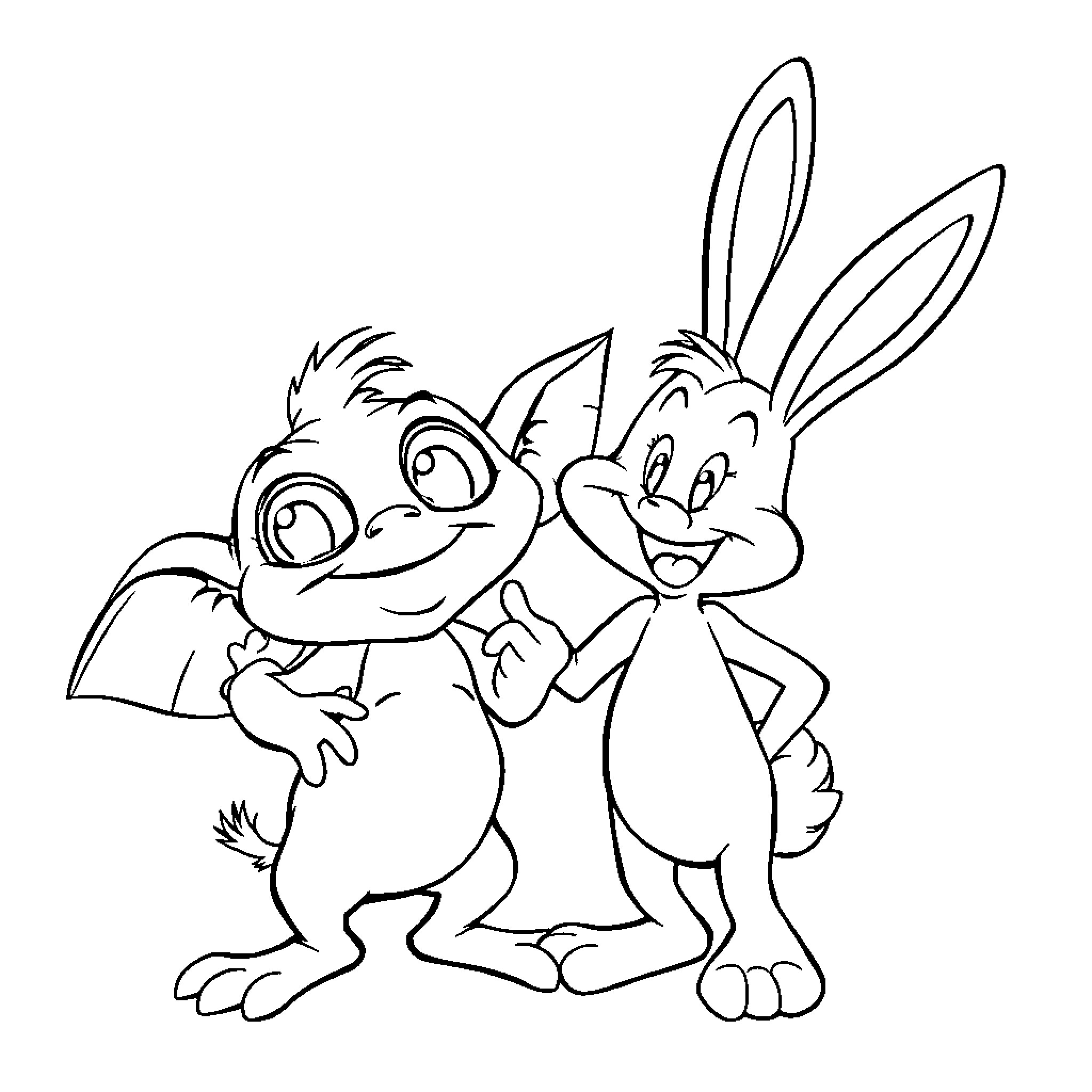 Gizmo and his rabbit friend in a playful pose Coloring Page (free black-and-white line drawing printable PDF for all, from beginners to advanced learners, including children, teens, adults, and seniors)