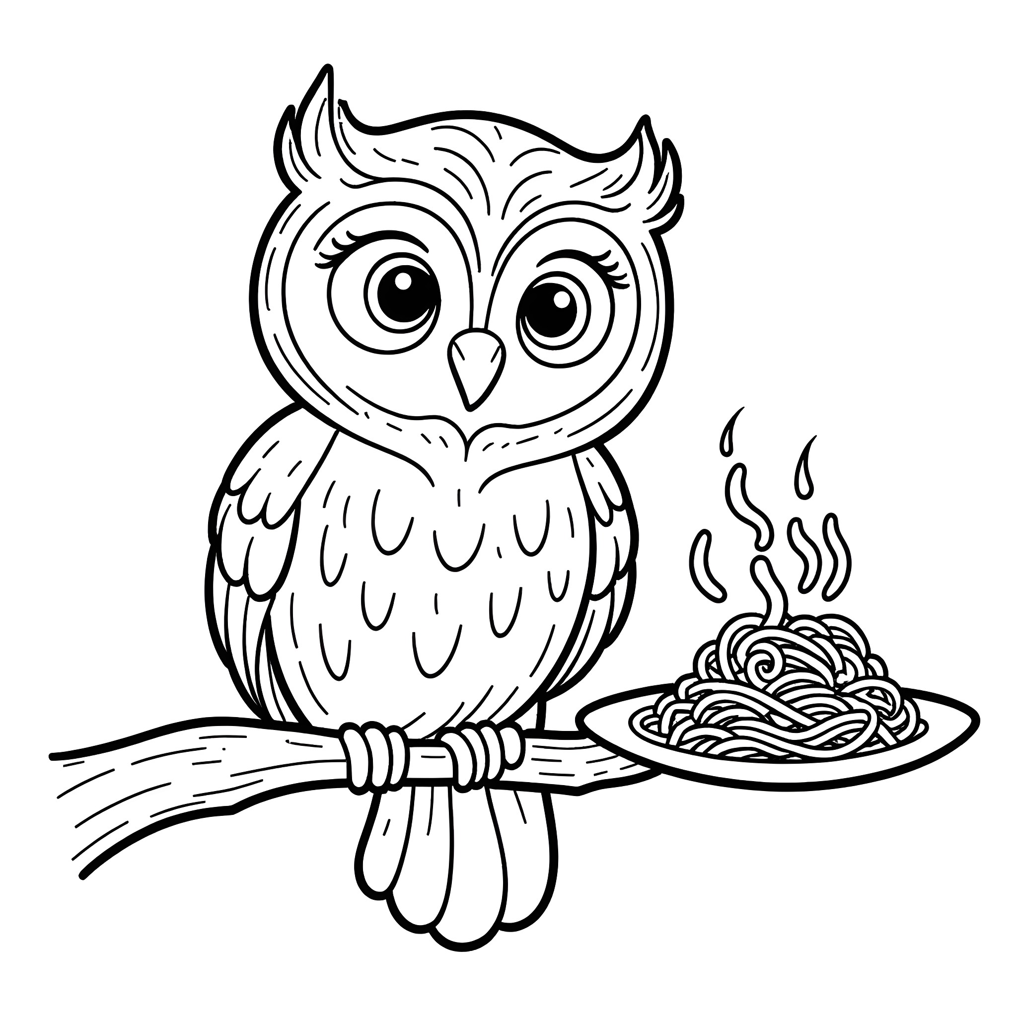 Owl Enjoying a Warm Meal Coloring Page (free black-and-white line drawing printable PDF for all, from beginners to advanced learners, including children, teens, adults, and seniors)