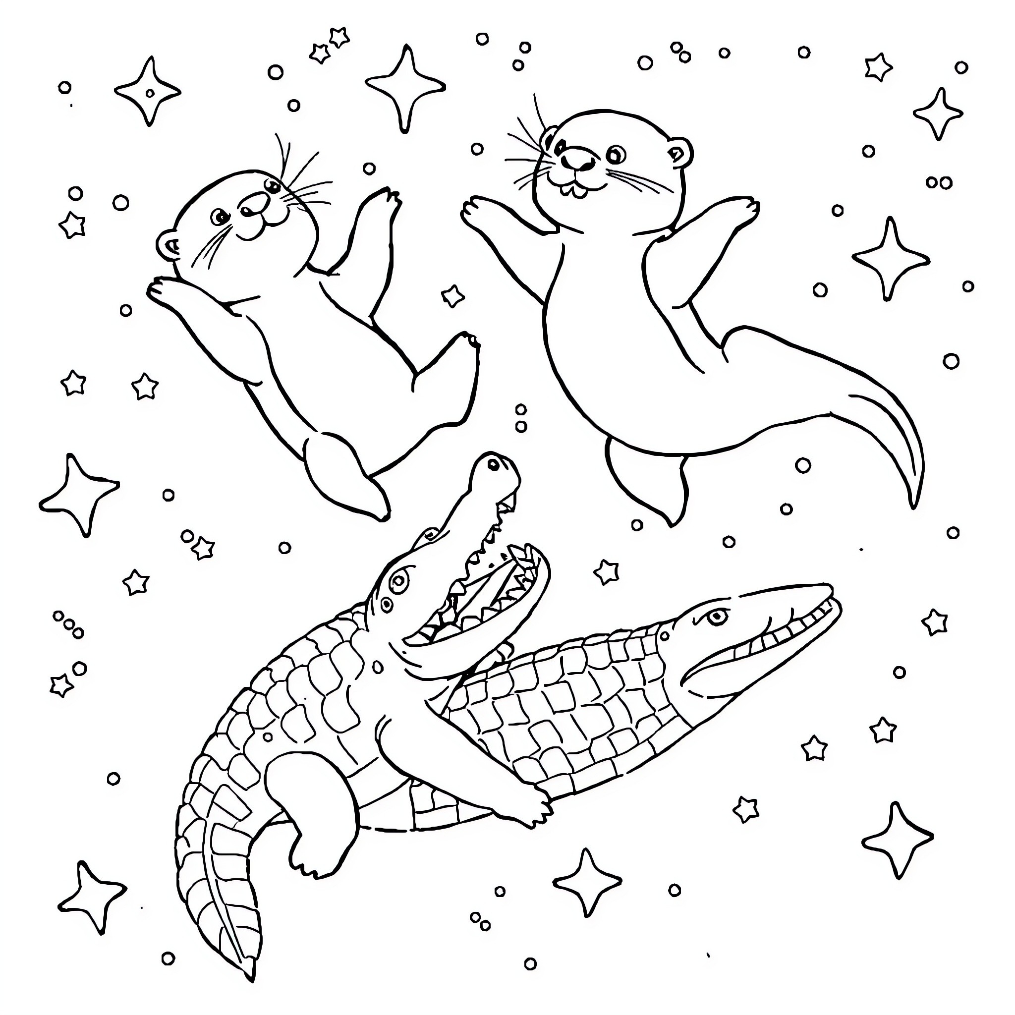 Otters playing playfully with stars in the night sky Coloring Page (free black-and-white line drawing printable PDF for all, from beginners to advanced learners, including children, teens, adults, and seniors)