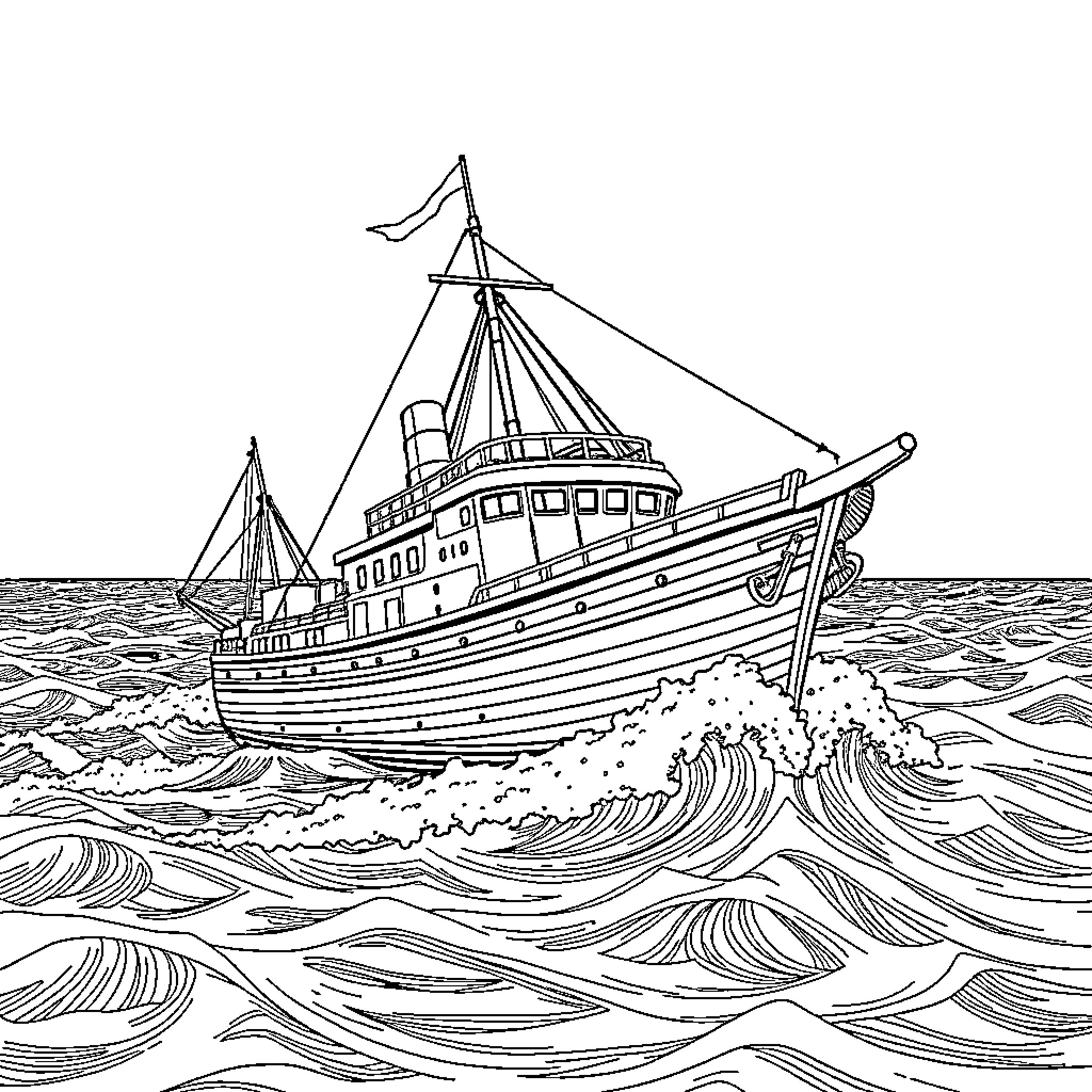 Ship sailing through turbulent waves Coloring Page (free black-and-white line drawing printable PDF for all, from beginners to advanced learners, including children, teens, adults, and seniors)