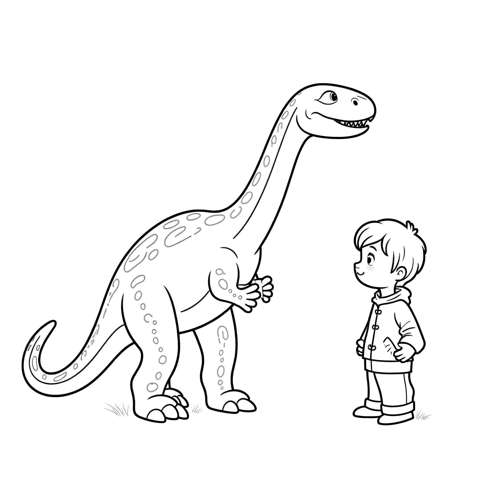 Dinosaur and boy in friendly encounter Coloring Page (free black-and-white line drawing printable PDF for all, from beginners to advanced learners, including children, teens, adults, and seniors)