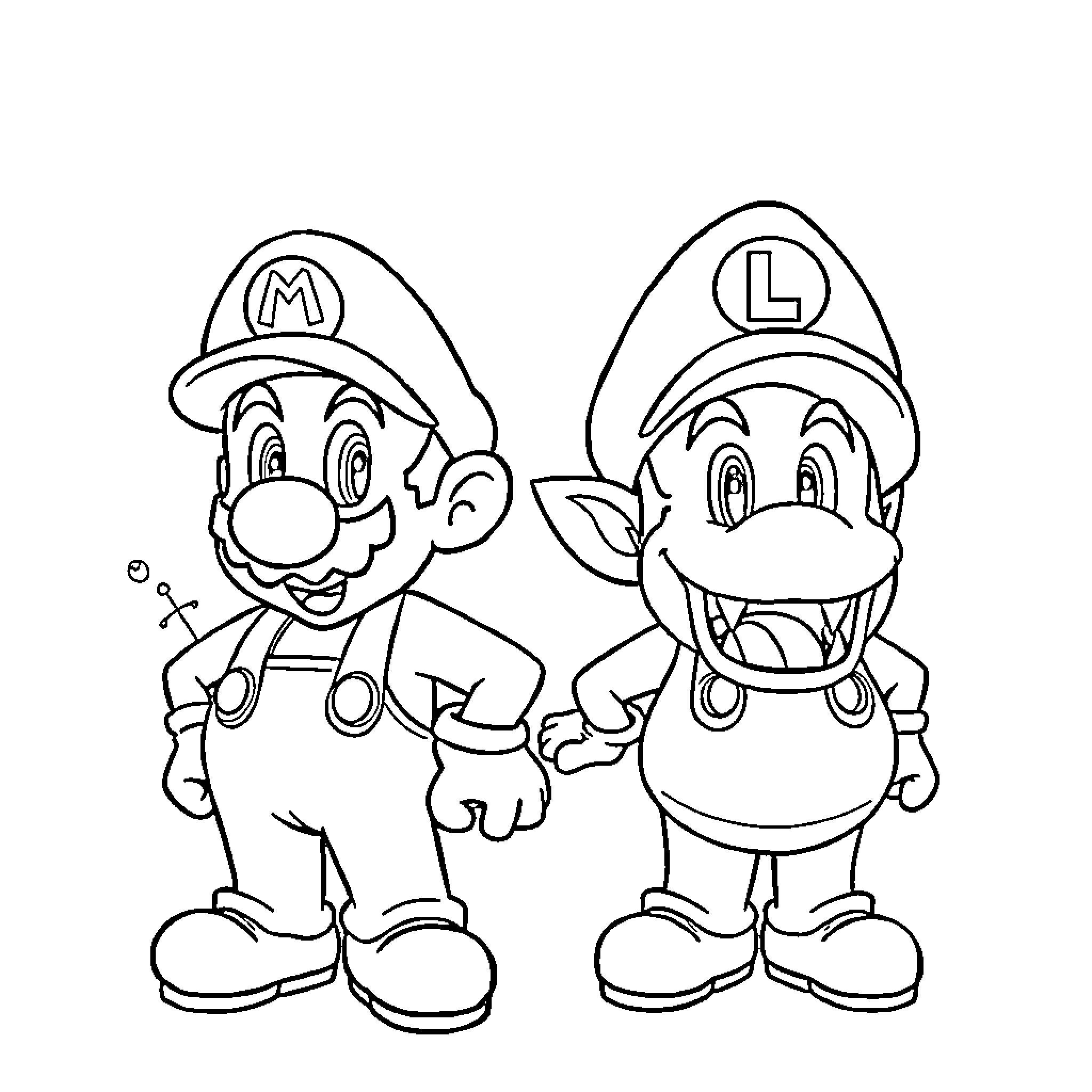 Piranha Plant Brothers in Iconic Outfits Coloring Page (free black-and-white line drawing printable PDF for all, from beginners to advanced learners, including children, teens, adults, and seniors)