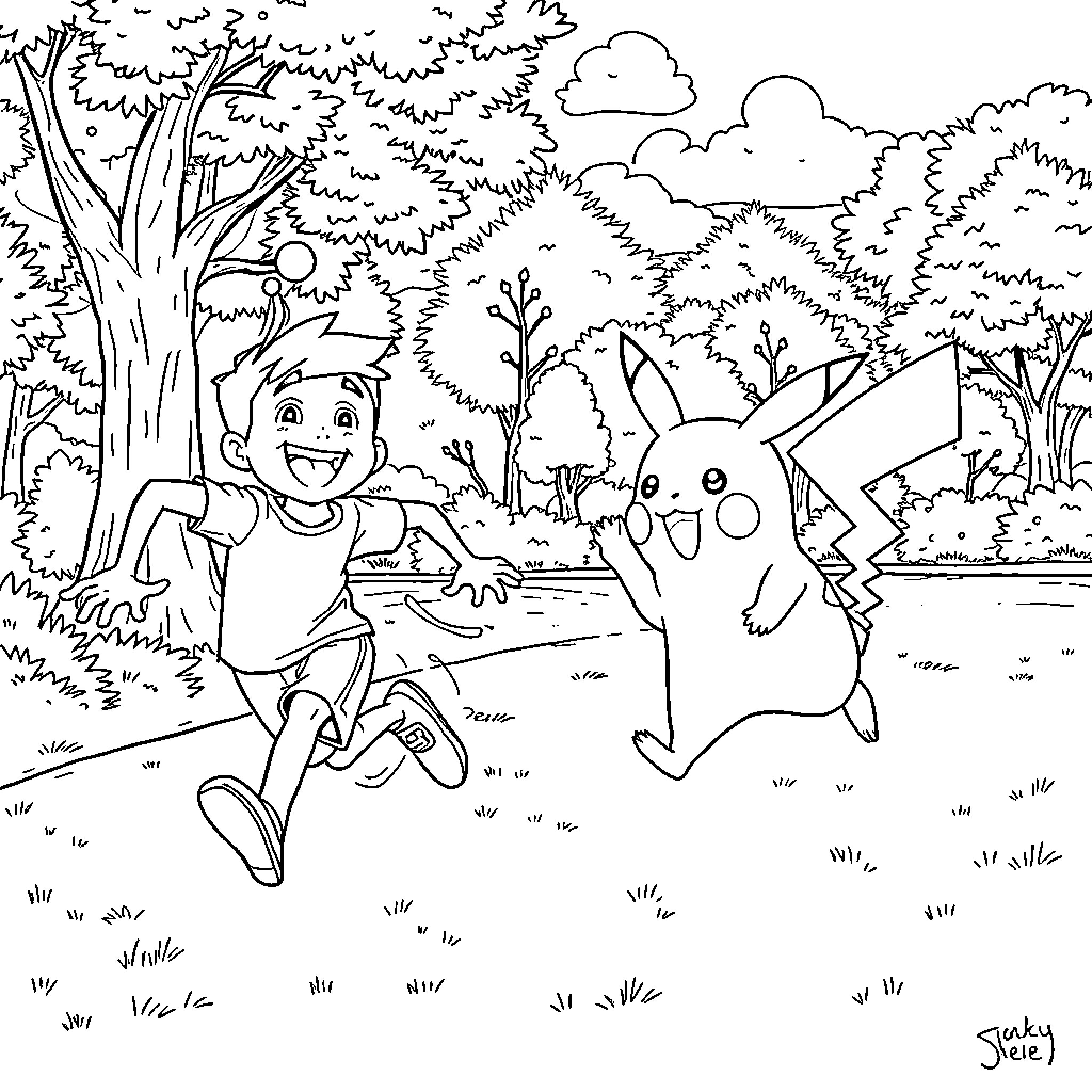 Ben 10 exploring the forest with Pikachu Coloring Page (free black-and-white line drawing printable PDF for all, from beginners to advanced learners, including children, teens, adults, and seniors)