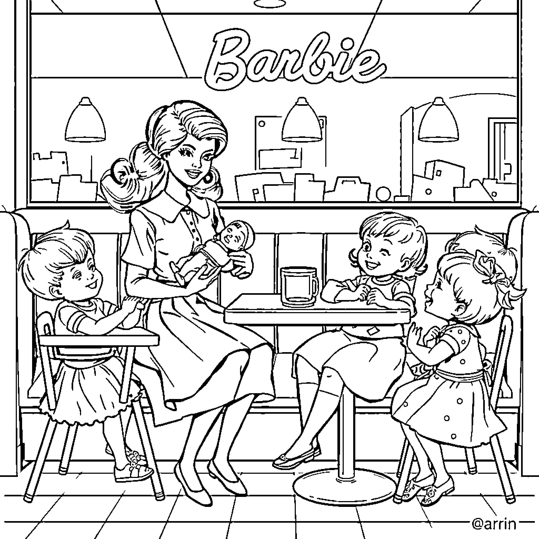 Barbie interacting with children in a classroom setting Coloring Page (free black-and-white line drawing printable PDF for all, from beginners to advanced learners, including children, teens, adults, and seniors)