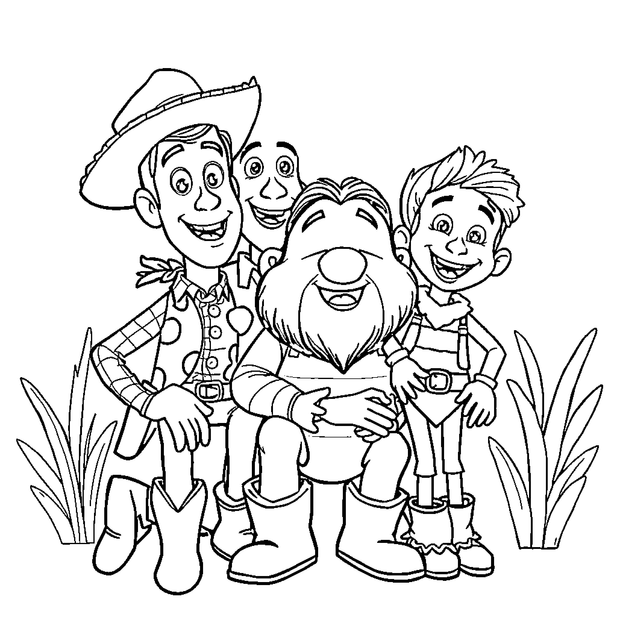 Woody and Friends Gather for an Outdoor Adventure Coloring Page (free black-and-white line drawing printable PDF for all, from beginners to advanced learners, including children, teens, adults, and seniors)