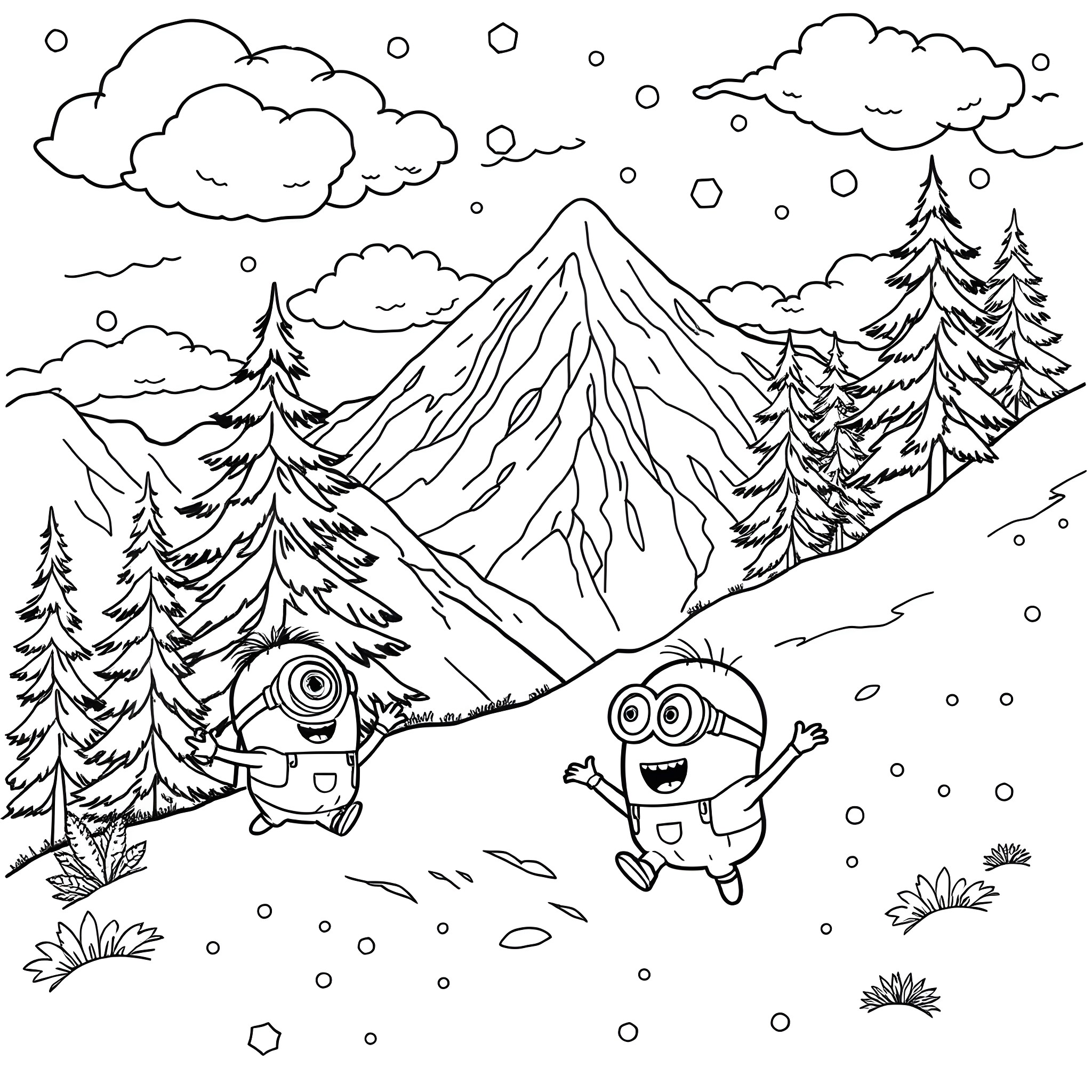 Minions playing in a snowy mountain landscape Coloring Page (free black-and-white line drawing printable PDF for all, from beginners to advanced learners, including children, teens, adults, and seniors)