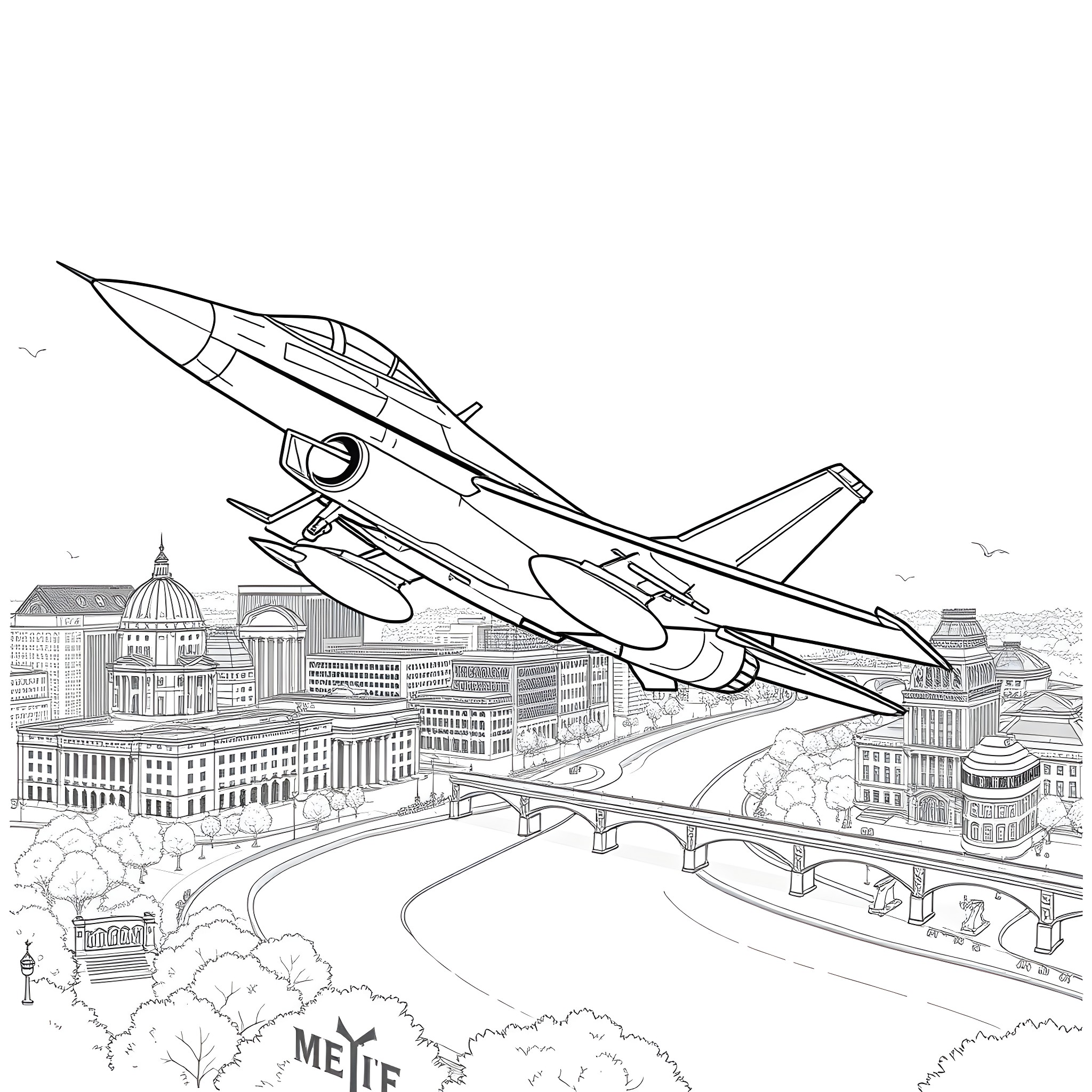 Fighter Jet soaring over a city skyline Coloring Page (free black-and-white line drawing printable PDF for all, from beginners to advanced learners, including children, teens, adults, and seniors)