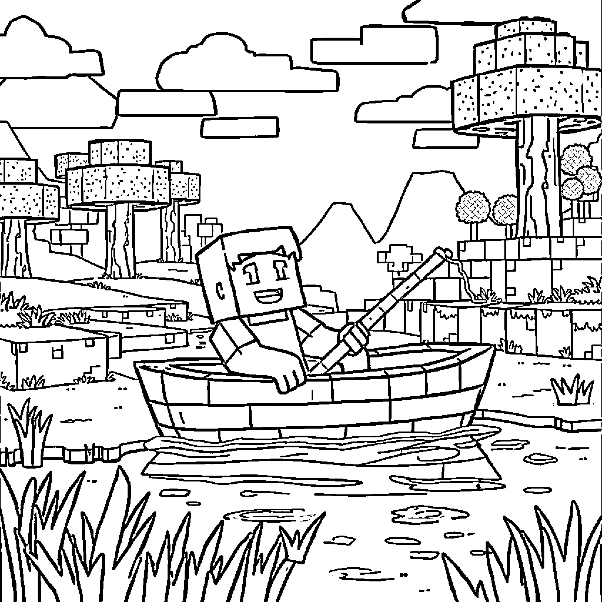 Steve enjoying a boat ride in the scenic town Coloring Page (free black-and-white line drawing printable PDF for all, from beginners to advanced learners, including children, teens, adults, and seniors)