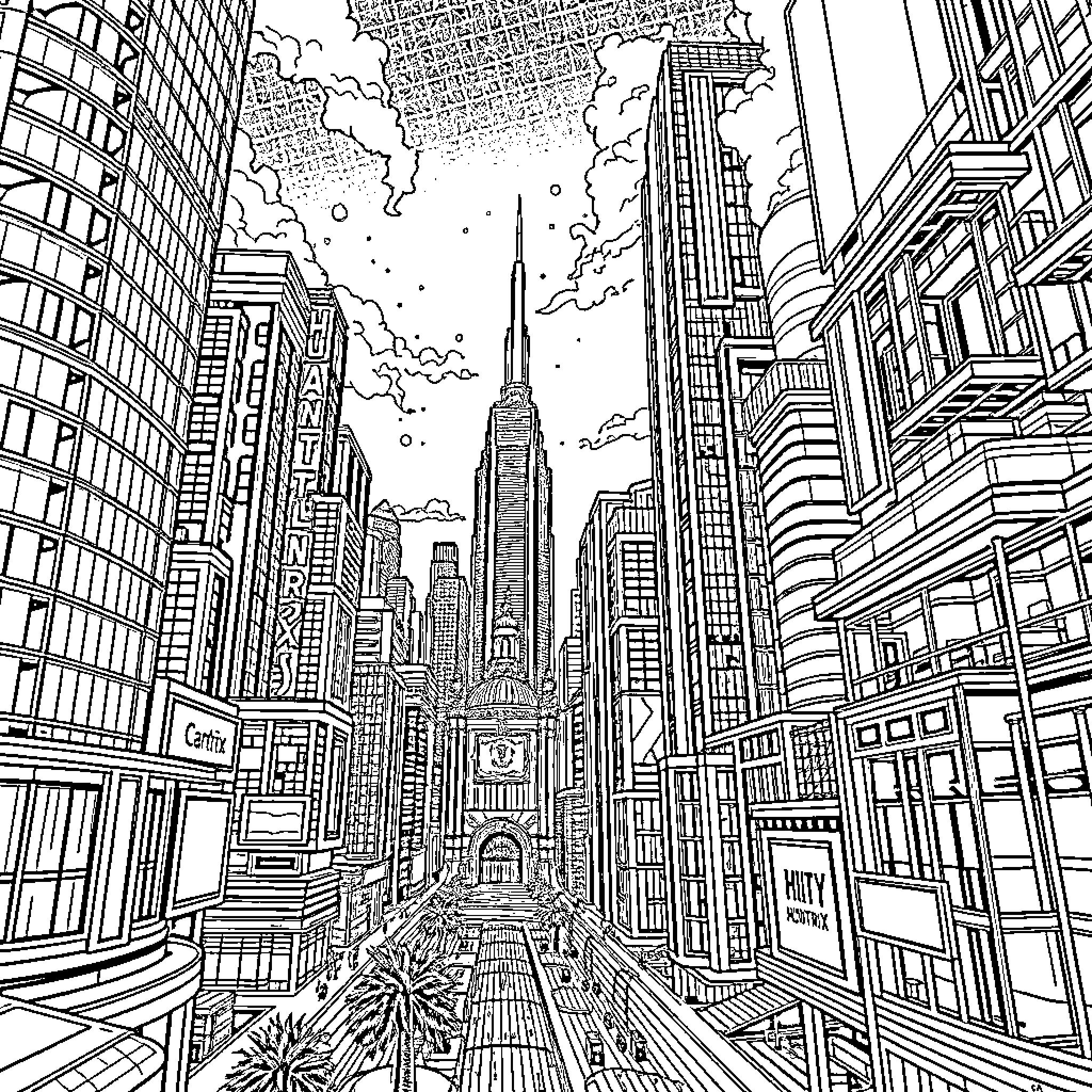 Huntrix Cityscape: Architectural Wonders and Skyscrapers Coloring Page (free black-and-white line drawing printable PDF for all, from beginners to advanced learners, including children, teens, adults, and seniors)
