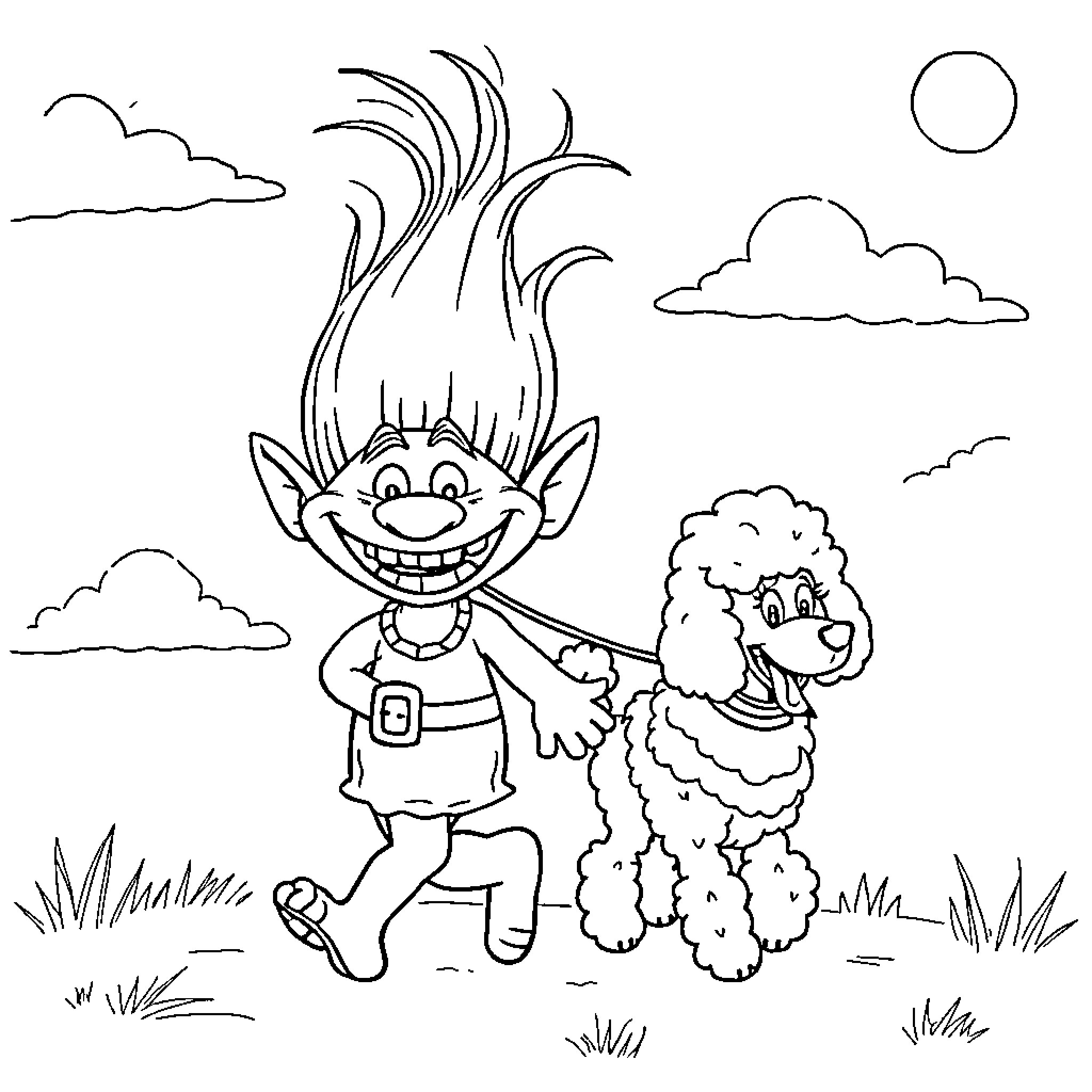 Troll and his Fluffy Friend Enjoying the Outdoors Coloring Page (free black-and-white line drawing printable PDF for all, from beginners to advanced learners, including children, teens, adults, and seniors)